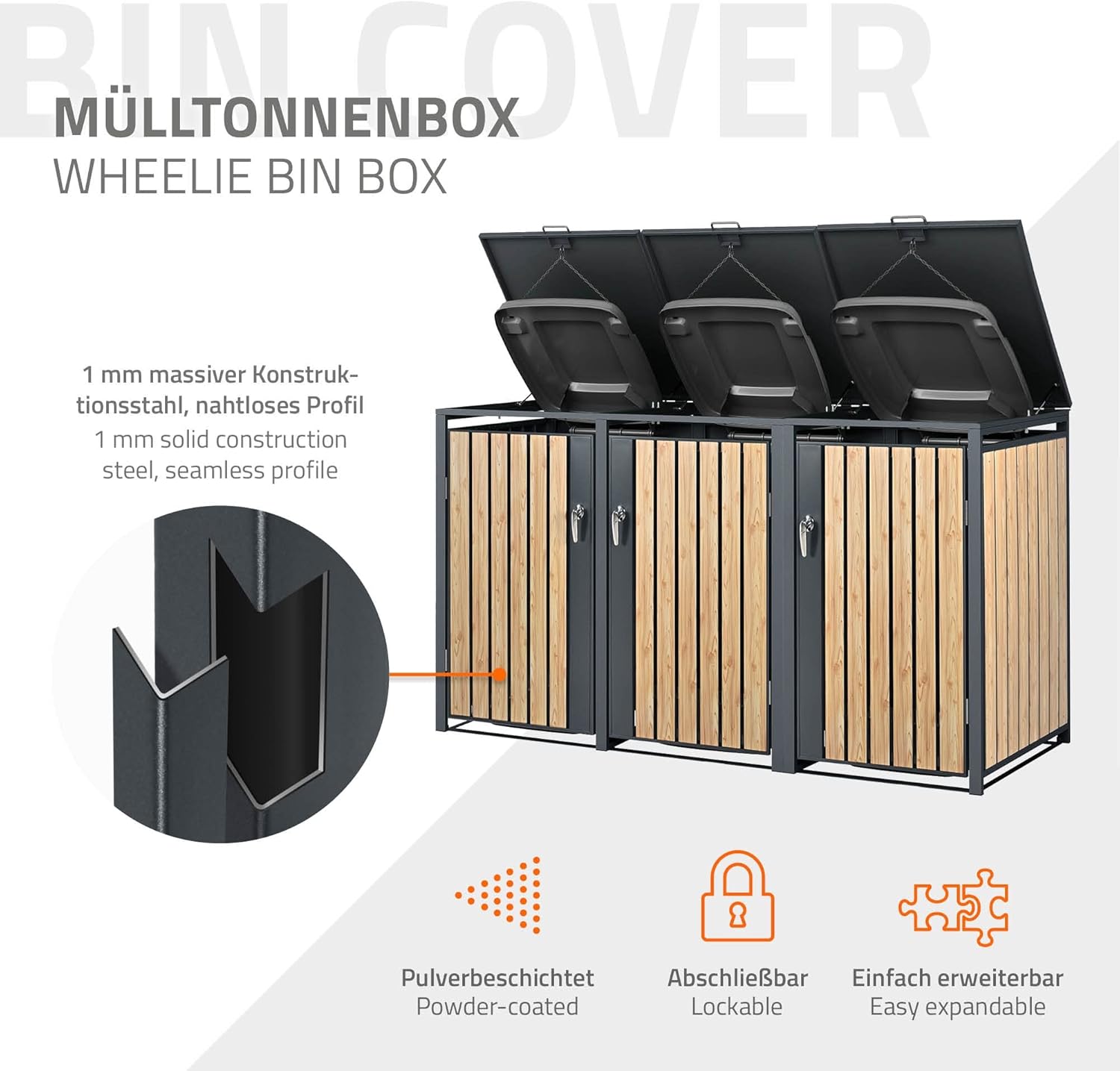ML-Design Mülltonnenbox 3er 3 Tonnen 240L 200x80x116,3cm Anthrazit-Holzoptik, Stahl wetterfest/abschließbar Mülltonnenverkleidung Klappdeckel/3 Türen, Müllbox Mülltonnecontainer Mülltonnenabdeckung