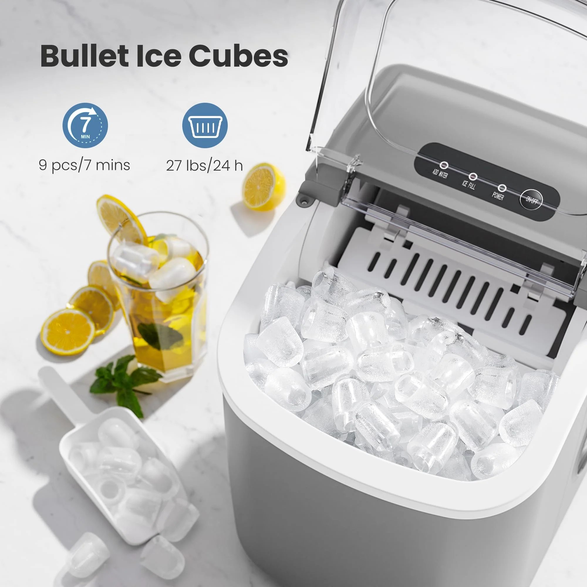 Crzoe Tisch-Eiswürfelmaschine mit Griff, 9 kugelförmige Eiswürfel in 6 Minuten, 11,8 kg/24 Stunden, Selbstreinigungsfunktion mit Eisschaufel und Korb für Zuhause/Küche/Partys (Grau)
