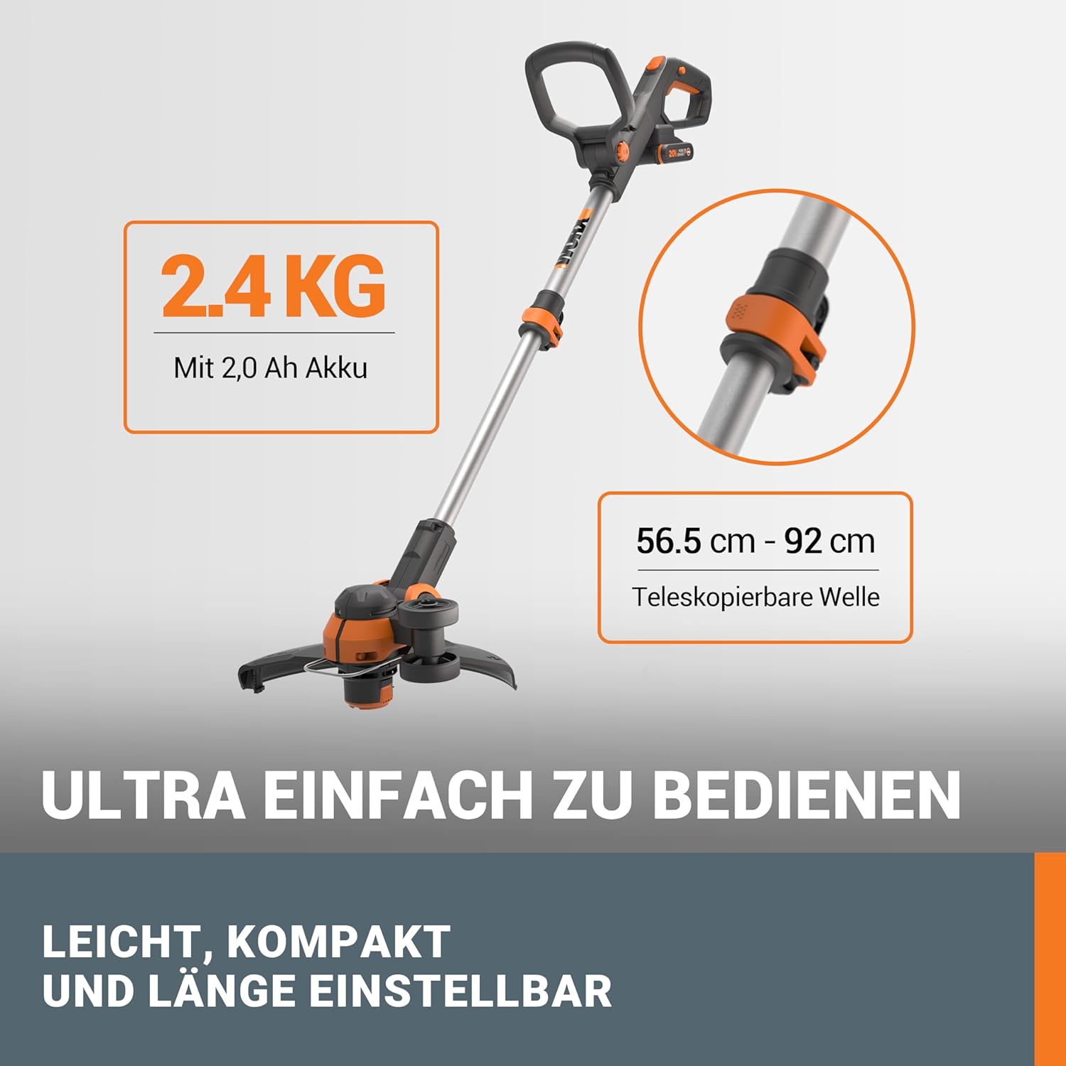 WORX 18V(20V MAX) Akku Rasentrimmer WG163E.3, 2-in-1 rasenkantenschneider mit 90° drehbarer Trimmerkopf, Teleskopstiel, Powershare, 2 x 2,0 Ah Akku