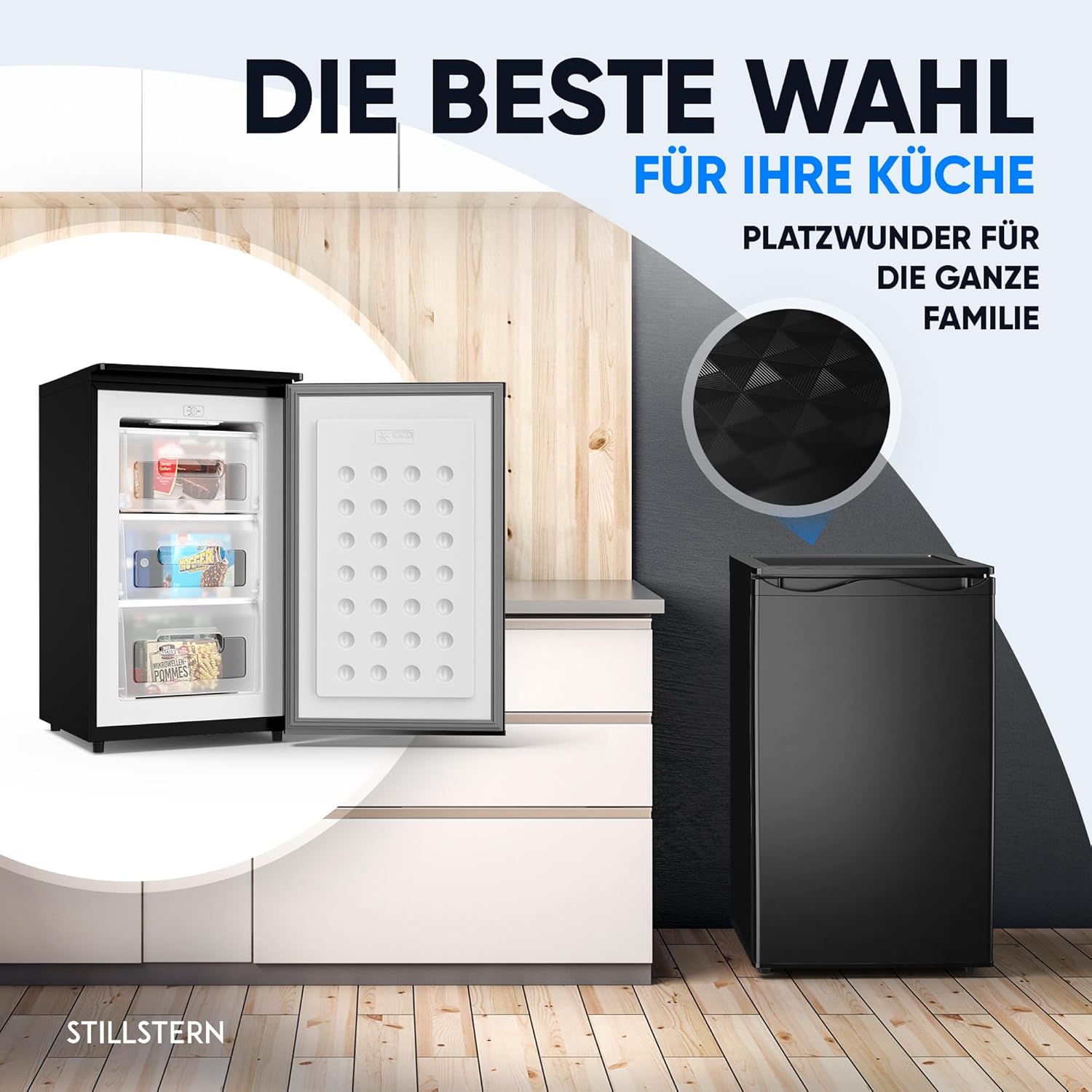 Stillstern Gefrierschrank C (73L) 4-Sterne-Gefrierfach -18°C ger. Energiever. Mini Freezer mit 3 Fächer, stufenlos reg. Temp., kleine Tiefkühltruhe, Türanschlag r./l. Tiefkühlschrank Klein Schwarz