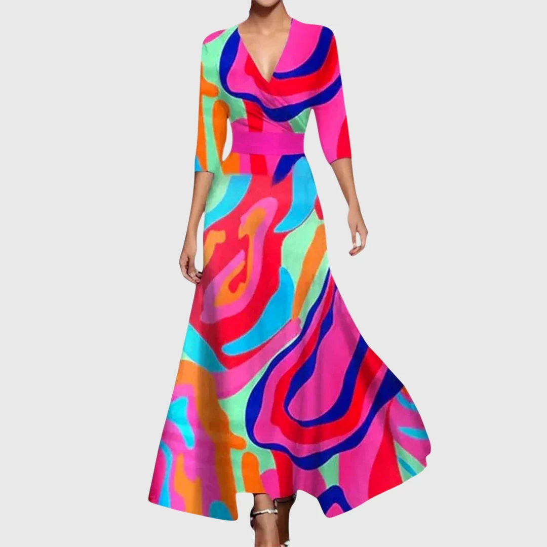 Maxikleid Damen mit V-Ausschnitt und Blumenmuster | Elegantes Wickelkleid mit kurzen ?rmeln f��r festliche Anl?sse und Sommer