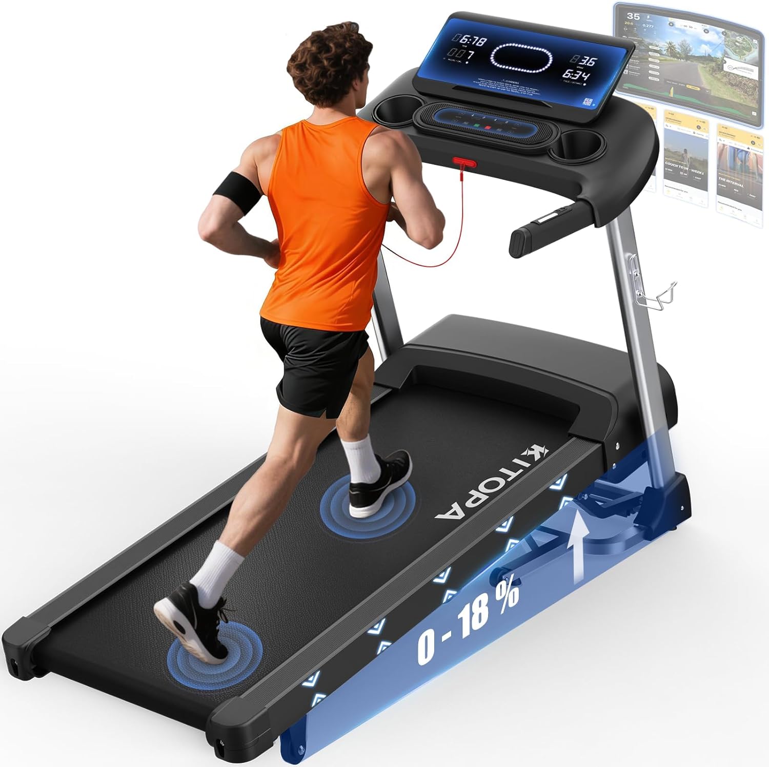 Kitopa Laufband für Zuhause, Treadmill bis 7PS und 20KM/H, Profi Große Lauffläche Laufband mit 18 Steigung, Laufbander Klappbar mit interaktivem LCD-Display & Bluetooth, Laufbander bis 180KG