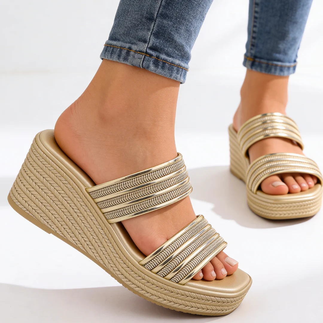 Gl?nzende Metallic-Espadrilles-Keilsandaletten f��r Damen