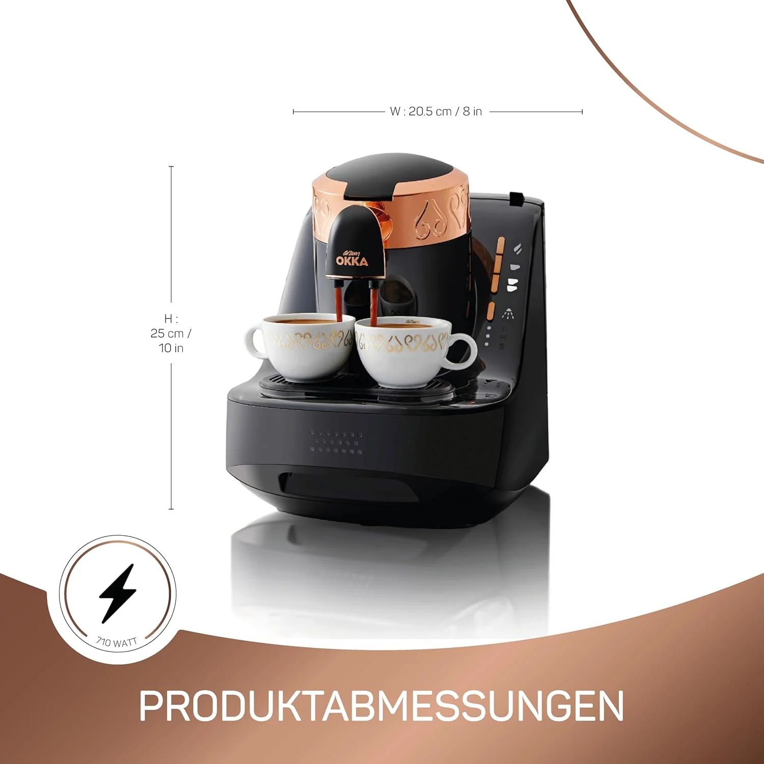 Arzum Okka Turkse koffiemachine, volautomatisch, 3 kopmaten, zelfreinigingsfunctie, watertank van 950 ml, overloopbeveiligingssensor, compact ontwerp, zwart-goud