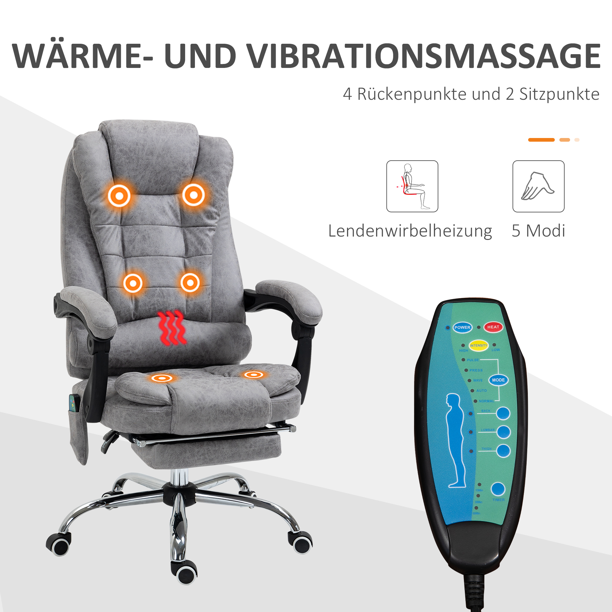 Vinsetto Bureaustoel met Massagefunctie, Ergonomische Bureaustoel met Leun- & Warmtefunctie, Afstandsbediening, Grijs