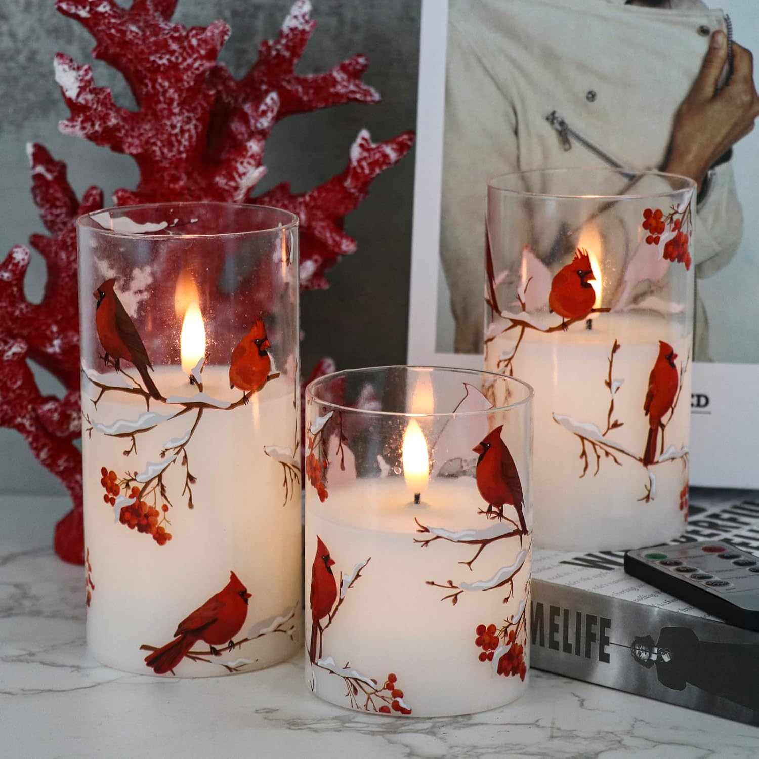 Cardinal flammenlose Kerzen mit Fernbedienung, batteriebetriebene Kerzen, echtes Wachs-LED-Kerzen mit flackernder Flamme, Kardinal-Dekor-Geschenke für Frauen, Hochzeit, Zuhause (3 Stück, 7,6