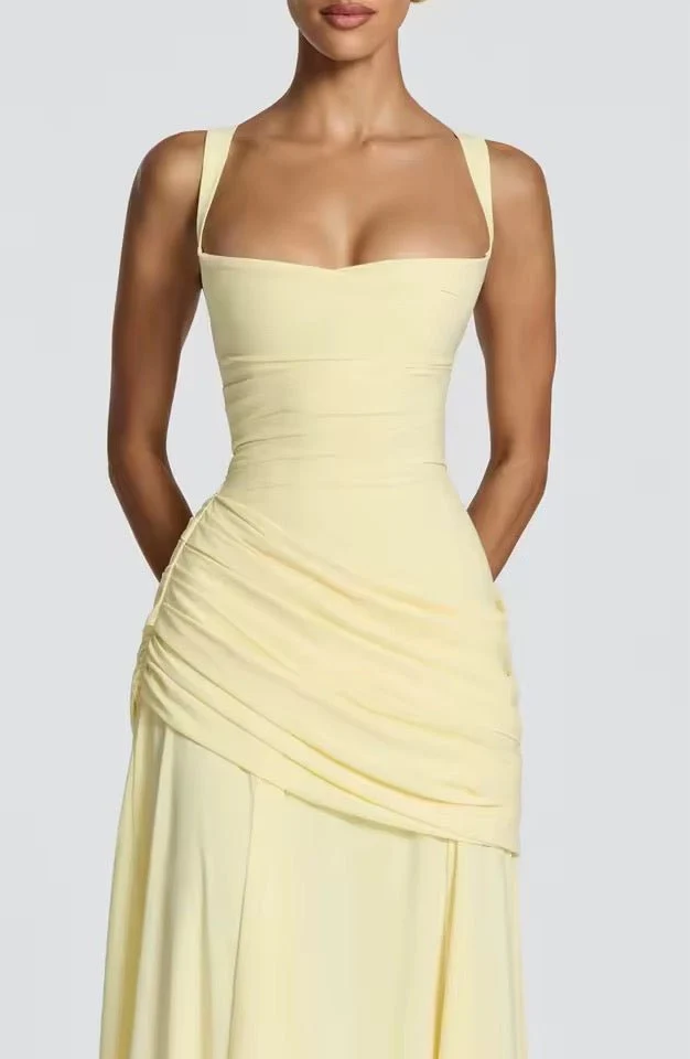 Maxikleid Damen f��r Hochzeitsg?ste | Elegantes Viskose Kleid mit Raffung und Herzausschnitt | Bodenlanges Abendkleid