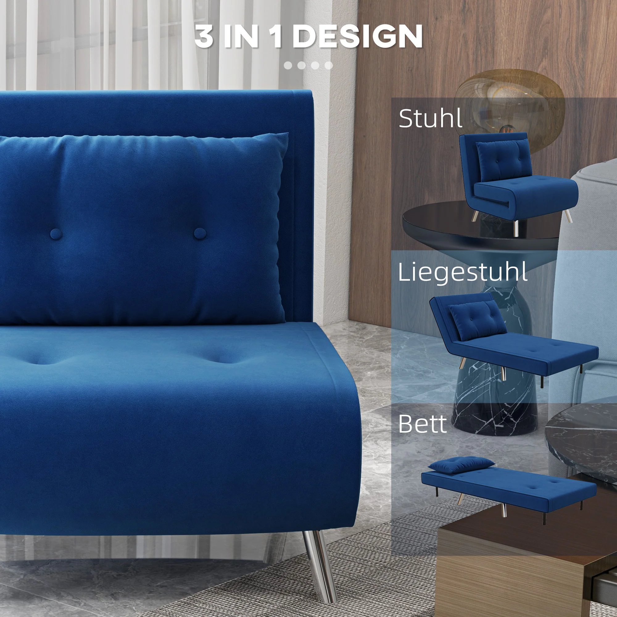 HOMCOM Ligstoel Stoel met Ligfunctie Slaapstoel, Knoopstiksels, Fluweellook, 77 cm x 88 cm x 83 cm, Blauw