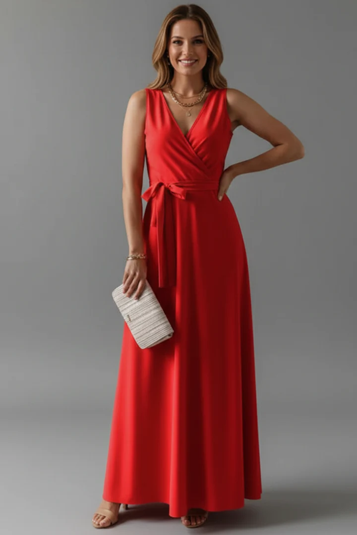 ?rmelloses Maxikleid f��r Damen mit V-Ausschnitt und Bindeg��rtel | Bodenlanges Sommerkleid aus gewebtem Stoff f��r jeden Anlass