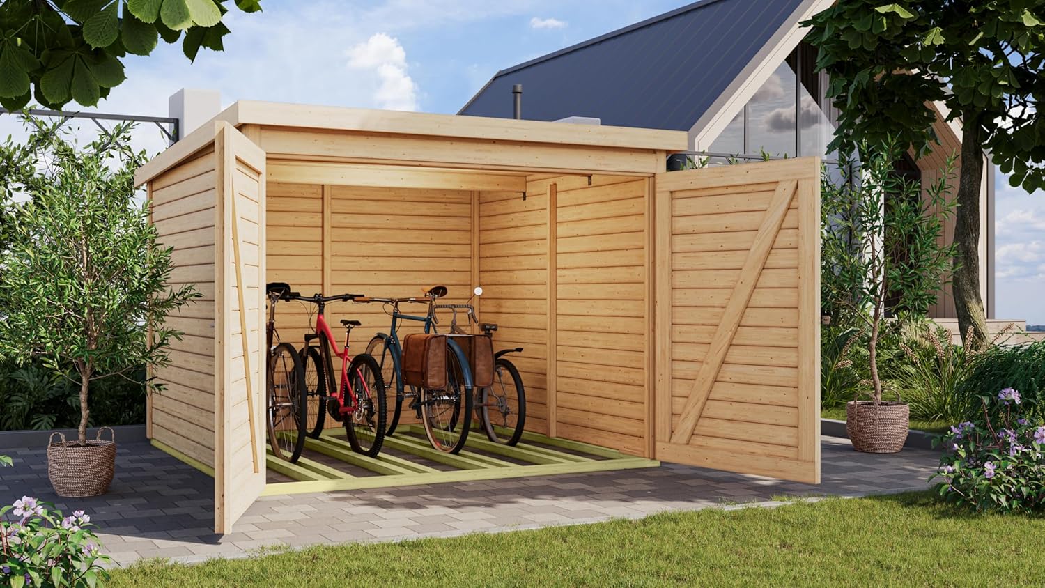 Karibu Fahrradgarage aus nordischer Fichte für 4 Fahrräder – Wetterfest, 4,6 m² Grundfläche, in Natur oder terragrau optional mit Solaranlage (naturbelassen)