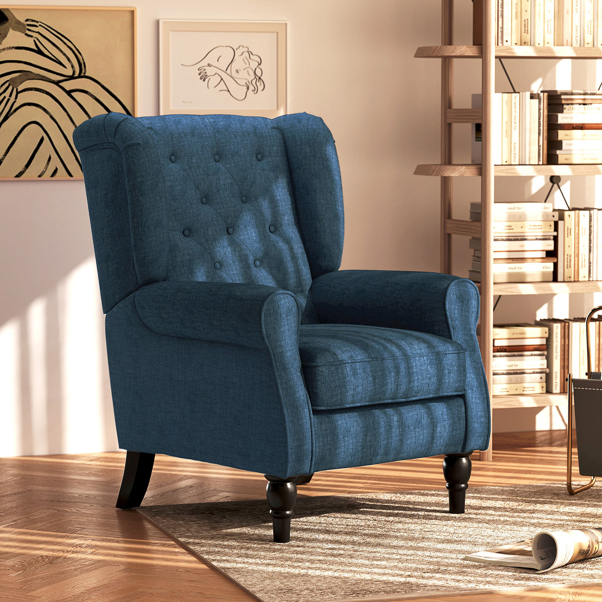 Elegante Oorfauteuil, Dik Gepolsterd, Afneembare Hoes, 74 x 86 x 102 cm, Blauw