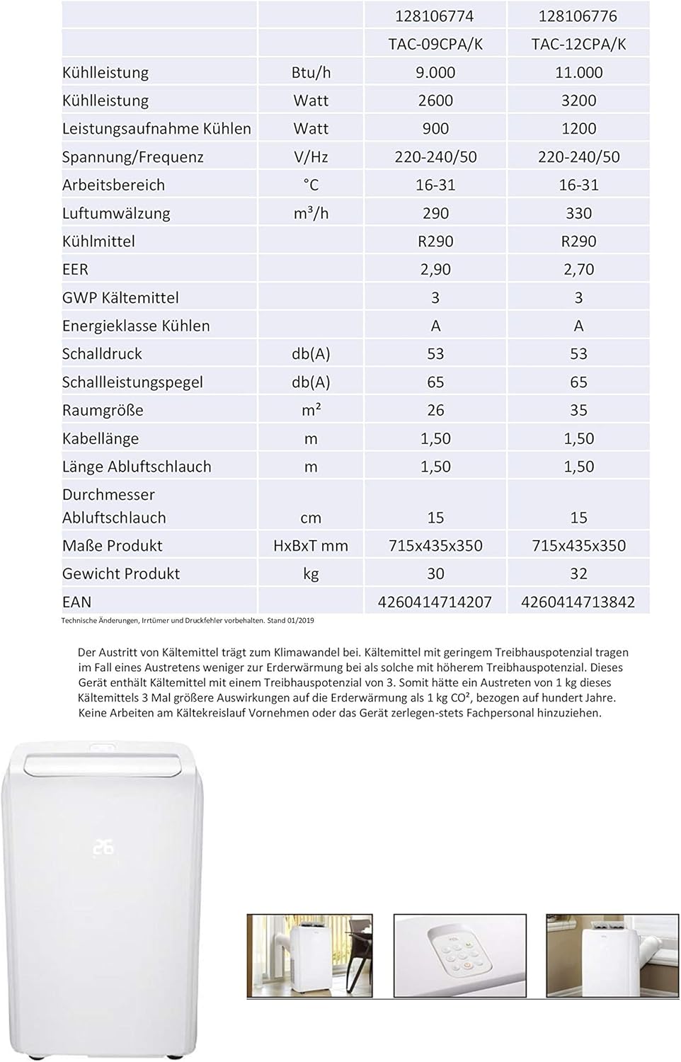 Mobile Klimaanlage mit Heizfunkztion 12000 BTU bis 32m² mit Abluftschlauch (1,5m), Timer und Entfeuchtermodus