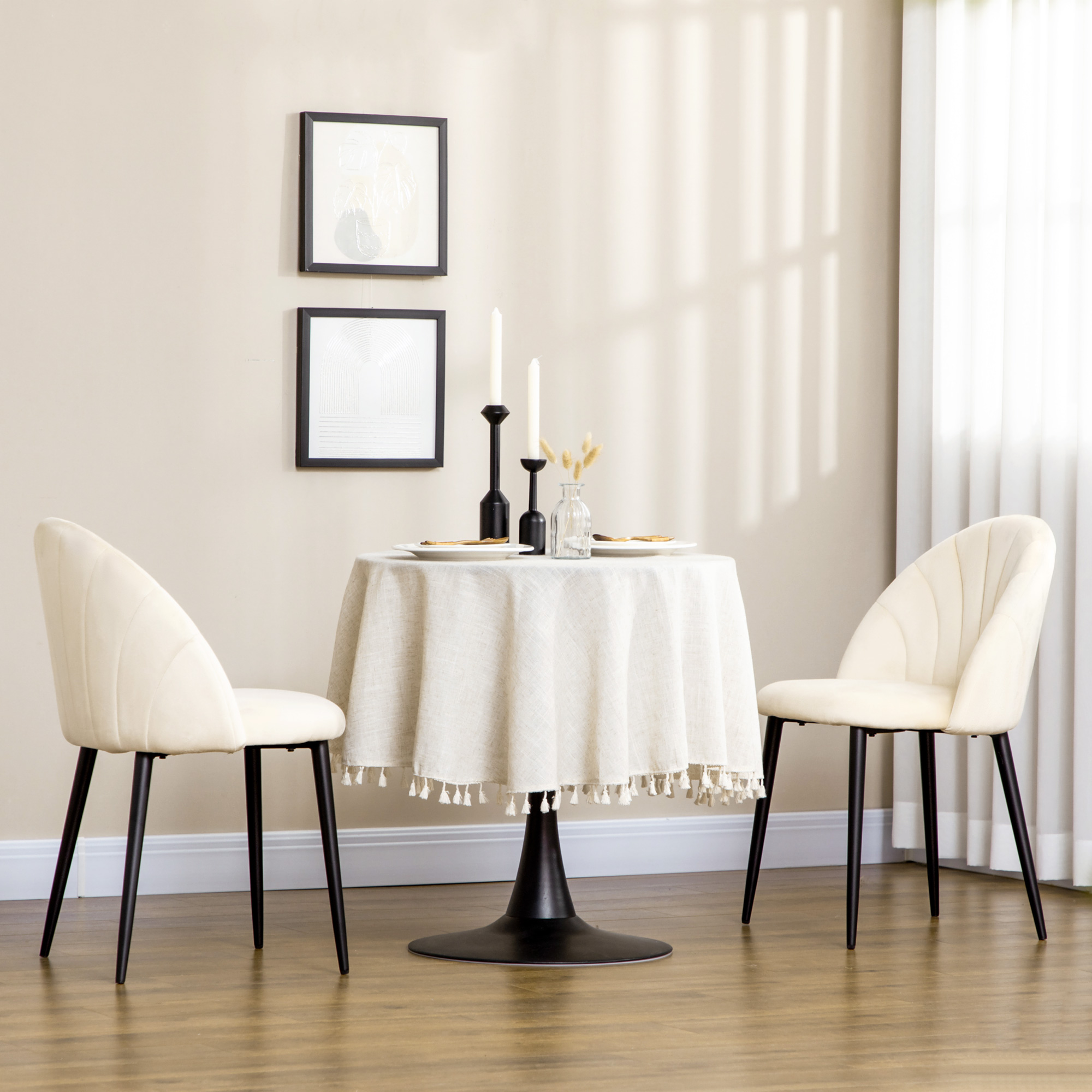 Set van 2 eetkamerstoelen in Scandinavisch design, keukenstoelen, fluweelachtige uitstraling, cr��me + zwart