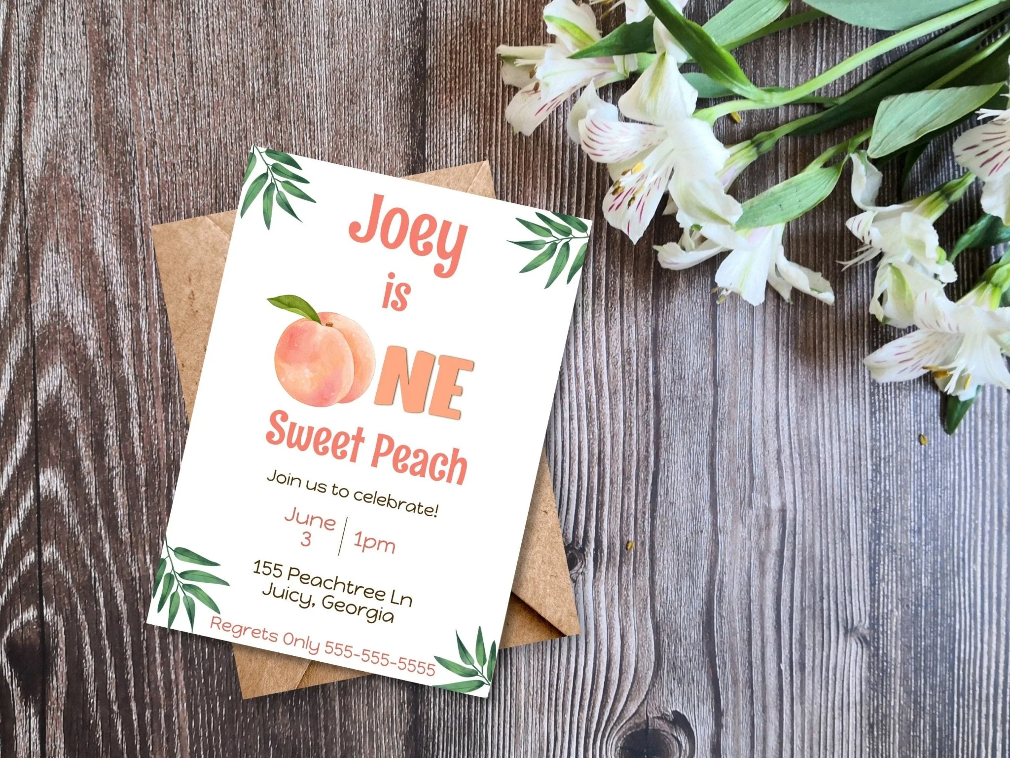 First Birthday Invitation Template Baby is ONE Sweet Peach | Customizable Minimalist First Birthday Invitation