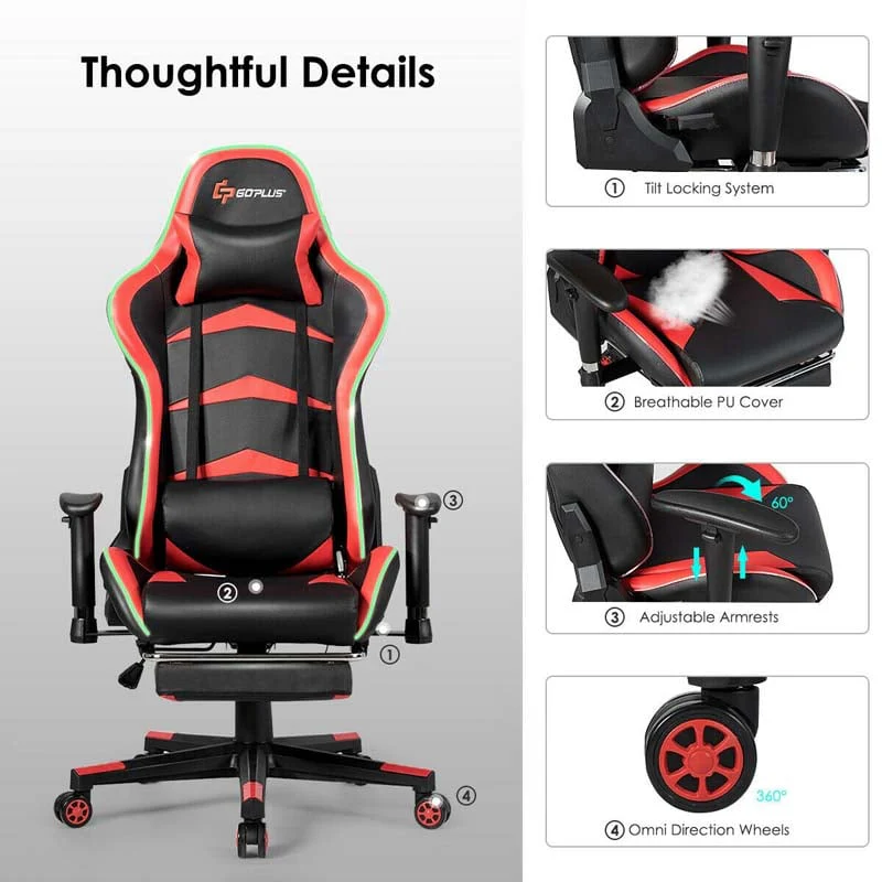 Led Massage Gaming Chair Height Adjustable Racing Computer Office Chair With Footrest Ergonomic High Back Pu Swivel Game Chair - Comfortable And Ergonomic Design