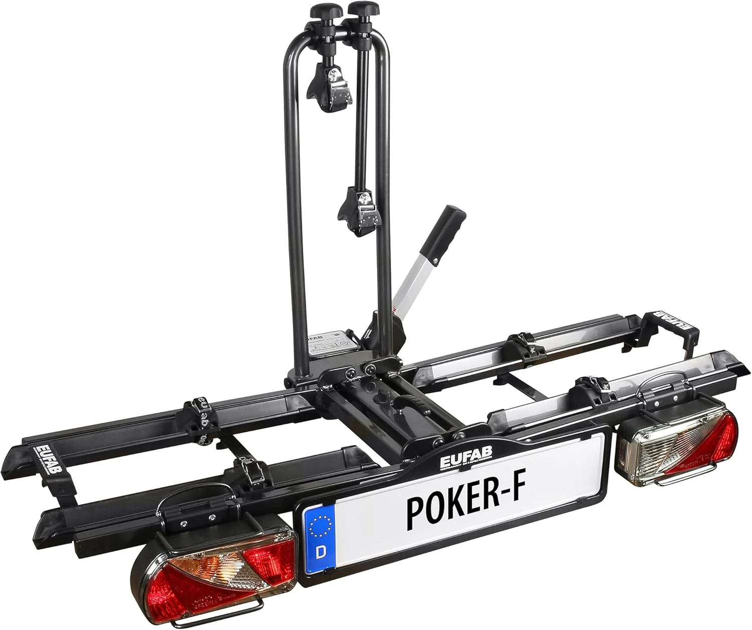 EUFAB 12010LAS fietsendrager POKER-F, geschikt voor e-bike, volledig voorgemonteerd, diefstalbeveiliging, voor 2 fietsen, voor trekhaak, zwart, 142 x 70 x 58 cm