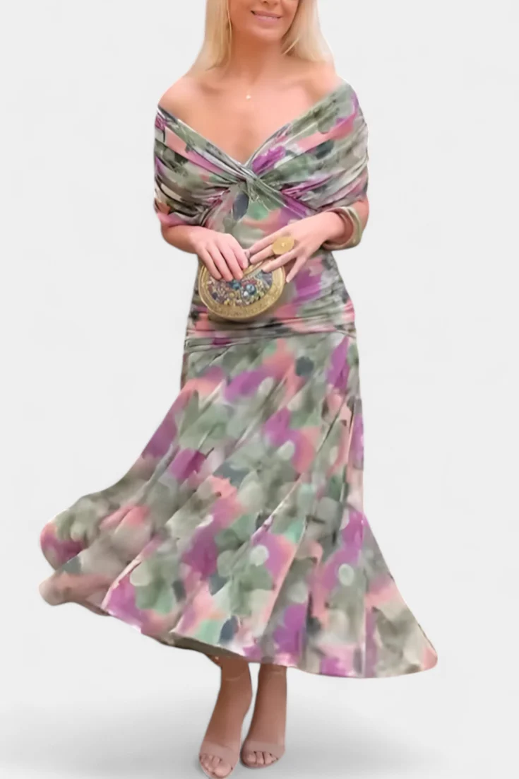 Schulterfreies gerafftes Maxikleid f��r Hochzeitsg?ste