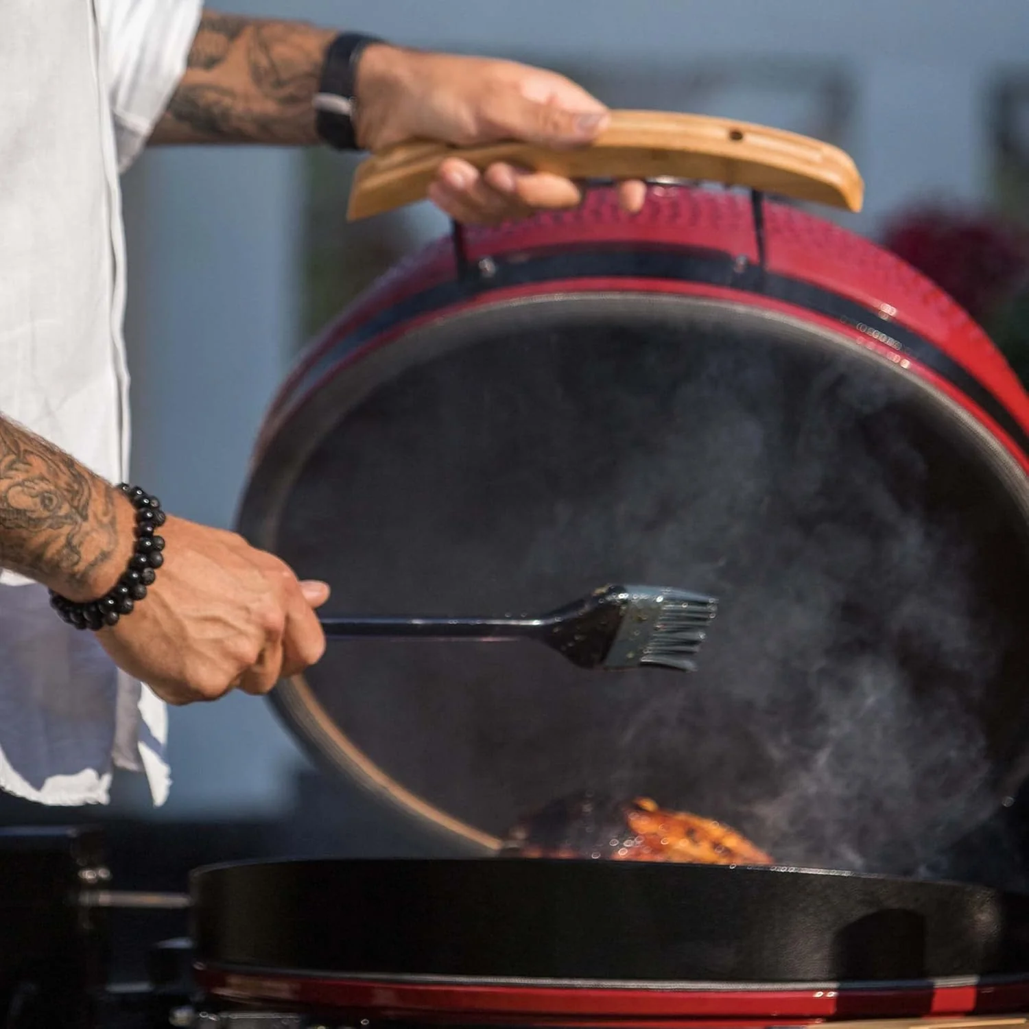 Kamado BONO BBQ - Barbacoa Grande XXL con 10 accesorios - Ø 64 cm Kamado Barbacoa con Accesorios - Parrilla ahumador rojo en la terraza, balcón o jardín