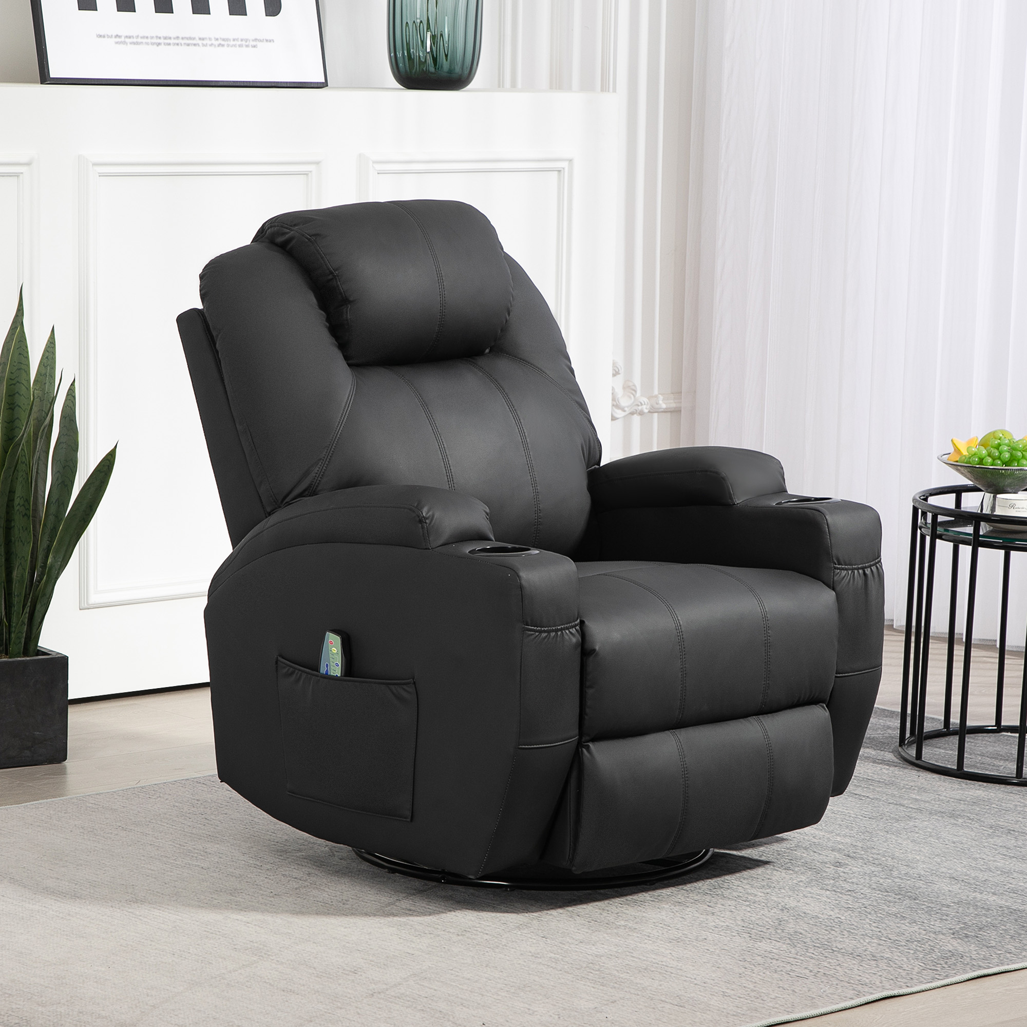 Relaxfauteuil met Massagefunctie, Kantelbare Leuning, Draaibaar, tot 150 kg, Kunstleer, Zwart