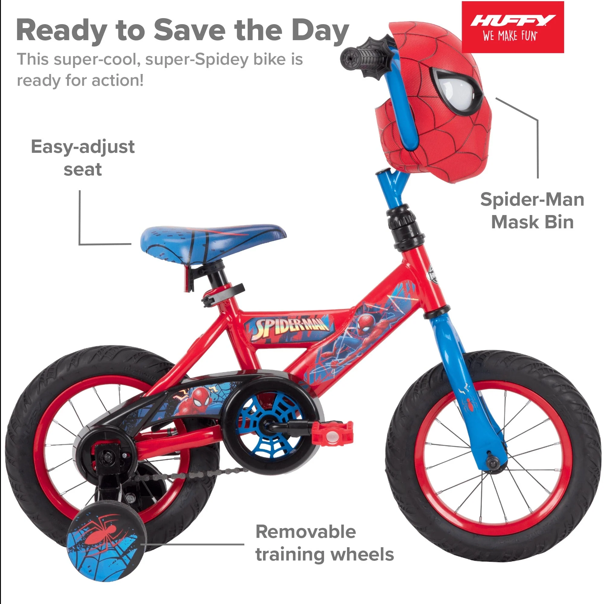 Huffy Marvel Spider-Man 12″ children's bicycle with training wheels, steel frame, ages 3-5