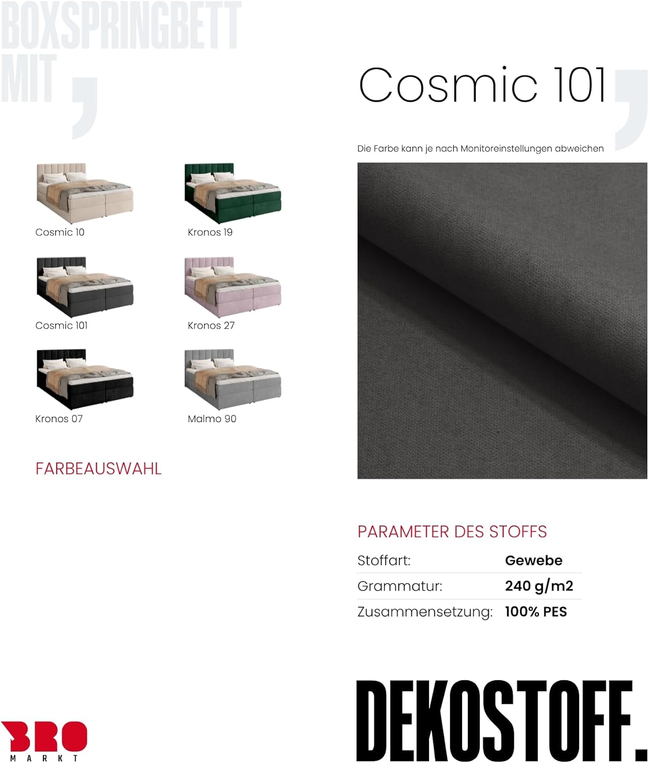 BROMARKT Boxspringbett mit Bonell Matratze Härtegrad H3 140x200cm Polsterbett mit Bettkasten Doppelbett mit Topper gepolsterte Kopfstütze Bett für Schlafzimmer Denver Dunkelgrau