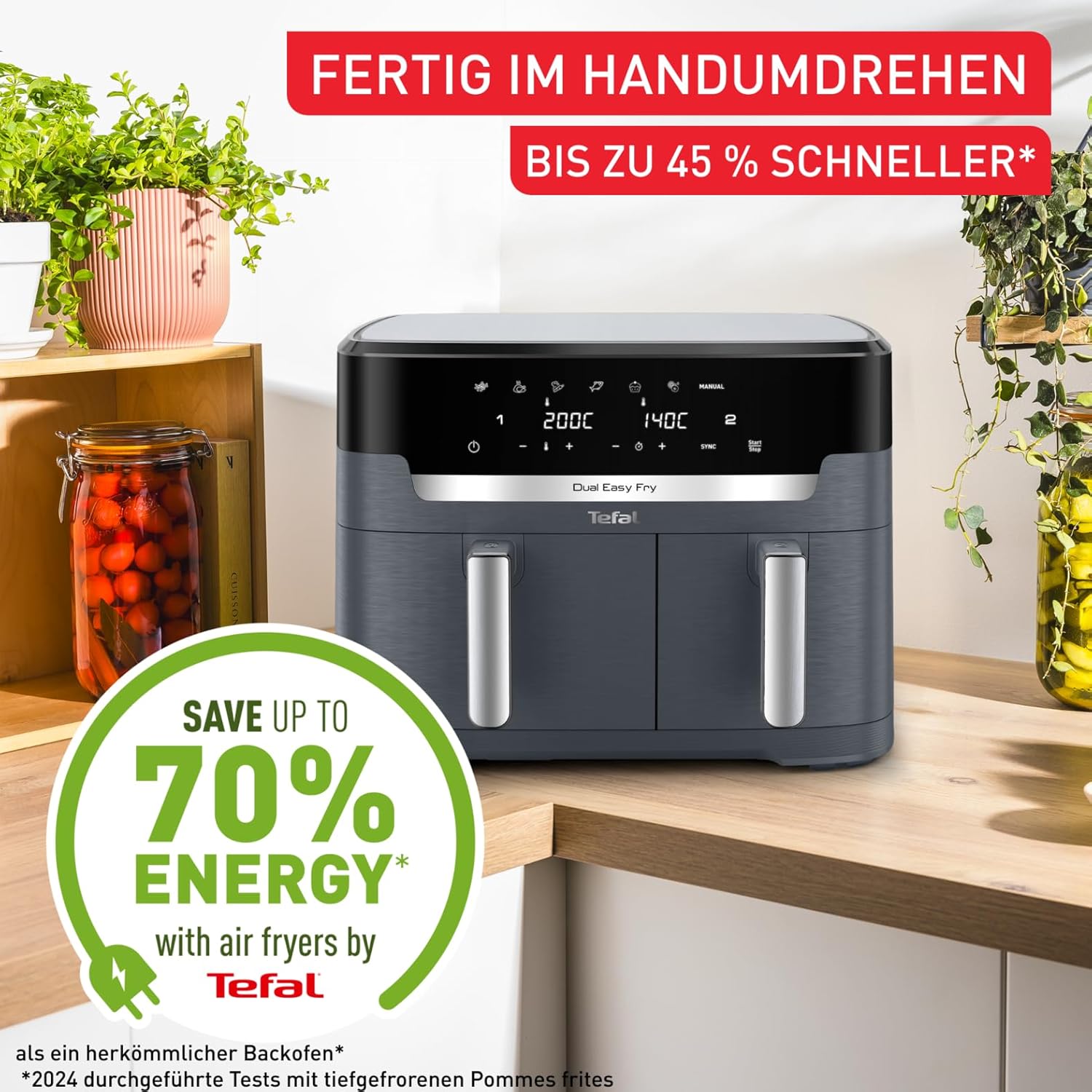 Tefal Dual Easy Fry Heißluftfritteuse Doppelkammer, 5,2/3,1 L Fassungsvermögen, zwei unabhängige Schubladen, 7 automatische Programme, energiesparend, schwarz, EY9018