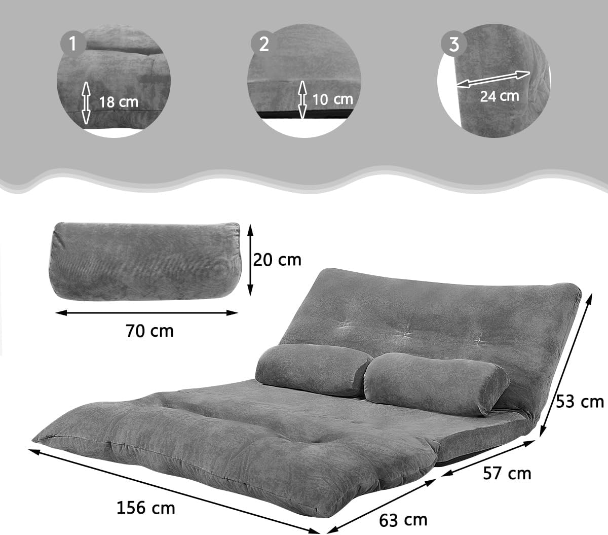 COSTWAY Klappbares Bodensofa, 3 in 1 Schlafsofa mit Schlaffunktion und Verstellbarer Rückenlehne, Sofabett mit 2 Lendenkissen, Klappsofa für Wohnzimmer & Schlafzimmer (Grau)