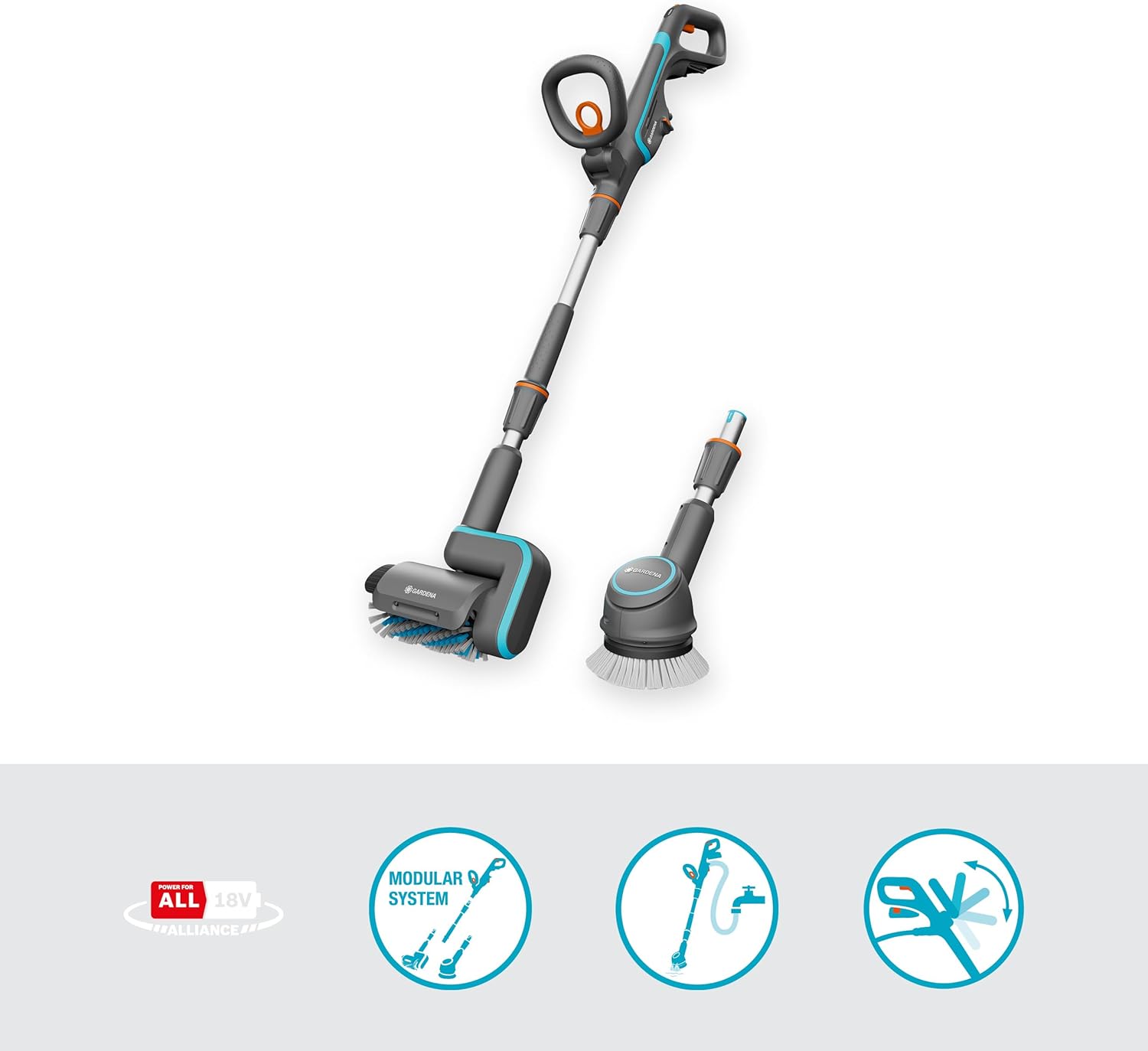 Gardena Akku-Multi-Reiniger AquaBrush Universal 04/18V PVA Ready-To-Use Set: Batteriebetriebenes Reinigungsgerät inkl. Akku, Nassreinigung von Terrassenböden, Komplettset (14842-20)