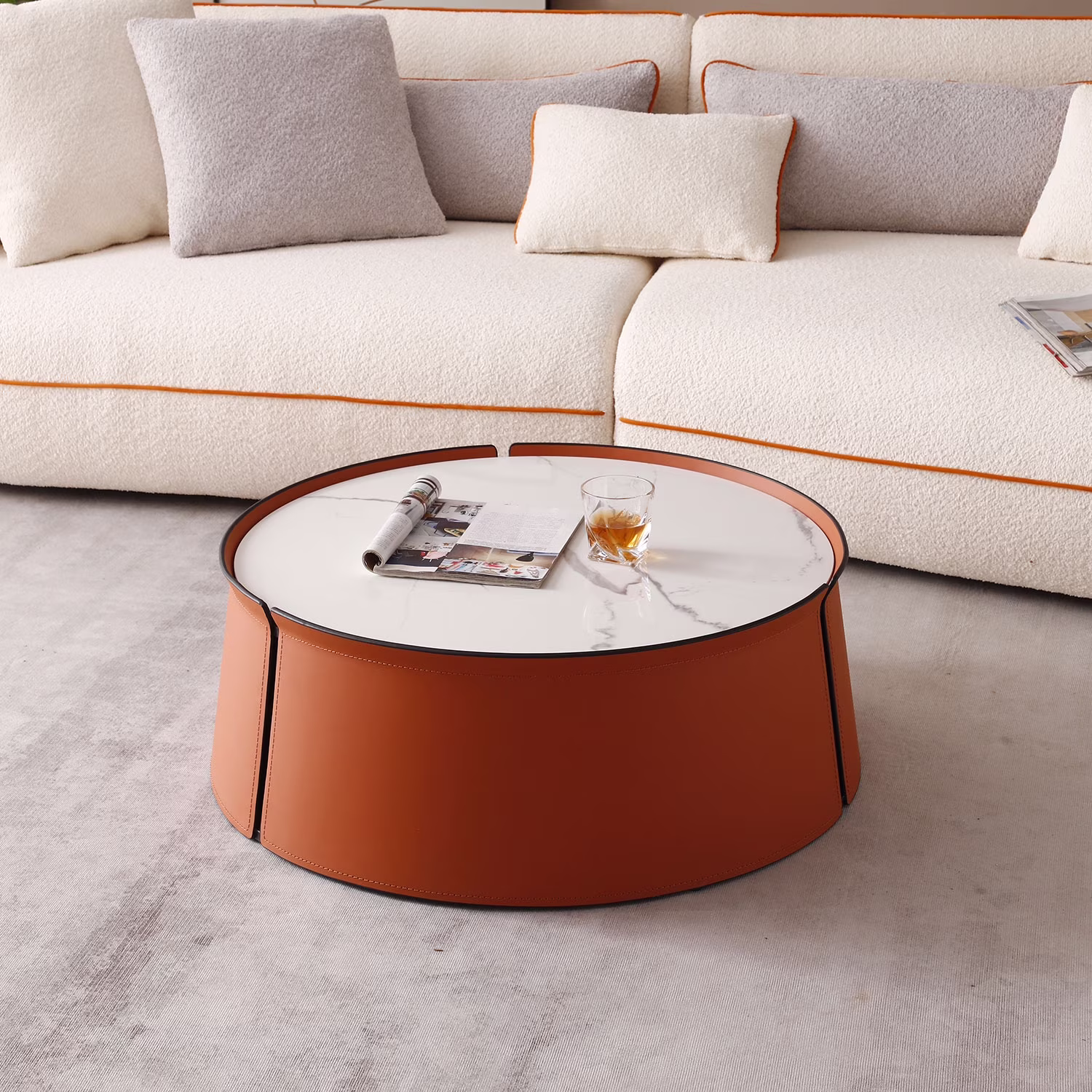 31.5inch Coffee Table, Marble Top+Orange Saddle Leather Body+Iron Frame