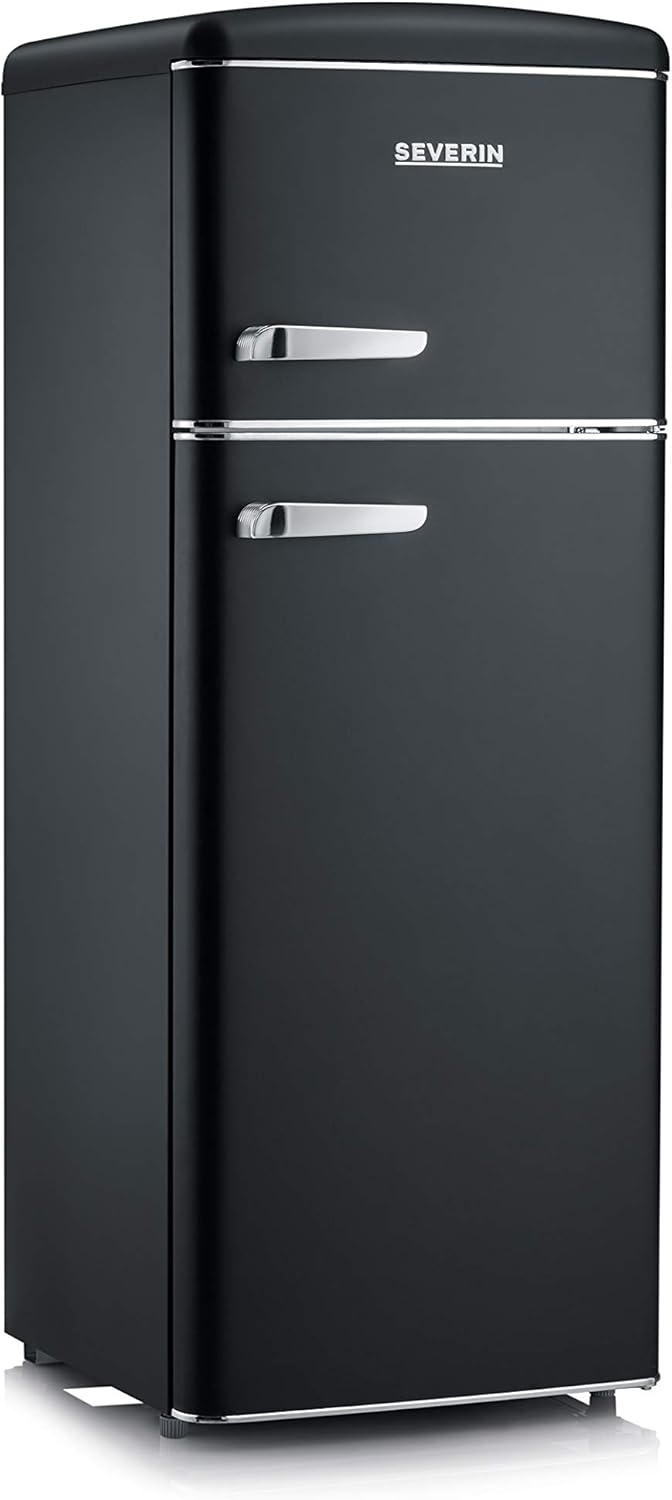 SEVERIN Réfrigérateur Congélateur 2 portes, Pose libre, Longueur 55cm, 206L, Classe E, Veggibox incluse, Rétro, Noir mat, RKG 8932