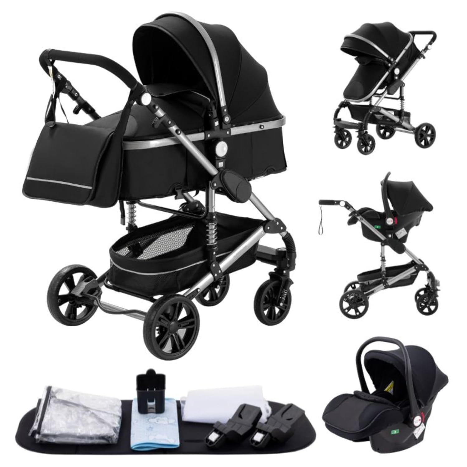 YAZOCO kinderwagen 3 in 1, Zusammenklappbar kinderwagen mit Wickeltasche,Komplettset Becherhalter,Moskitonetz, Fußabdeckung,Sitzzubehör (4 Rosa)