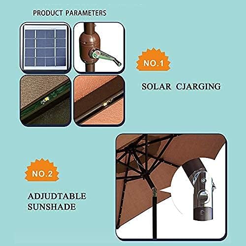 Garten-Sonnenschirm, runder Sonnenschirm mit gebogenem Schirmmast, LED-Hof-Sonnenschirm ohne Sockel, Solar-Lichtschirm, tragbarer Markt-Esstisch-Sonnenschirm für Strandgarten (braun 2,0 m)