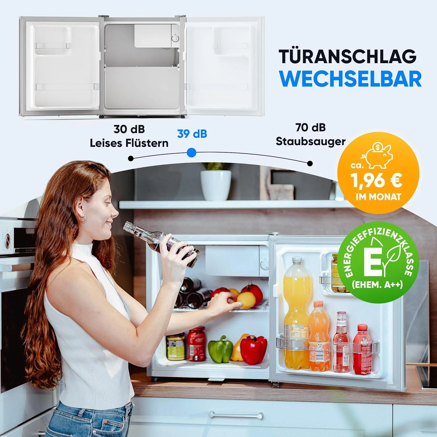 Stillstern minikoelkast E 45L met automatische ontdooiing, slot, vriesvak, stil, ideaal voor keuken, kantoor, slaapkamer, hotels en kleine appartementen, kleine koelkast, minibar, drankenkoelkast