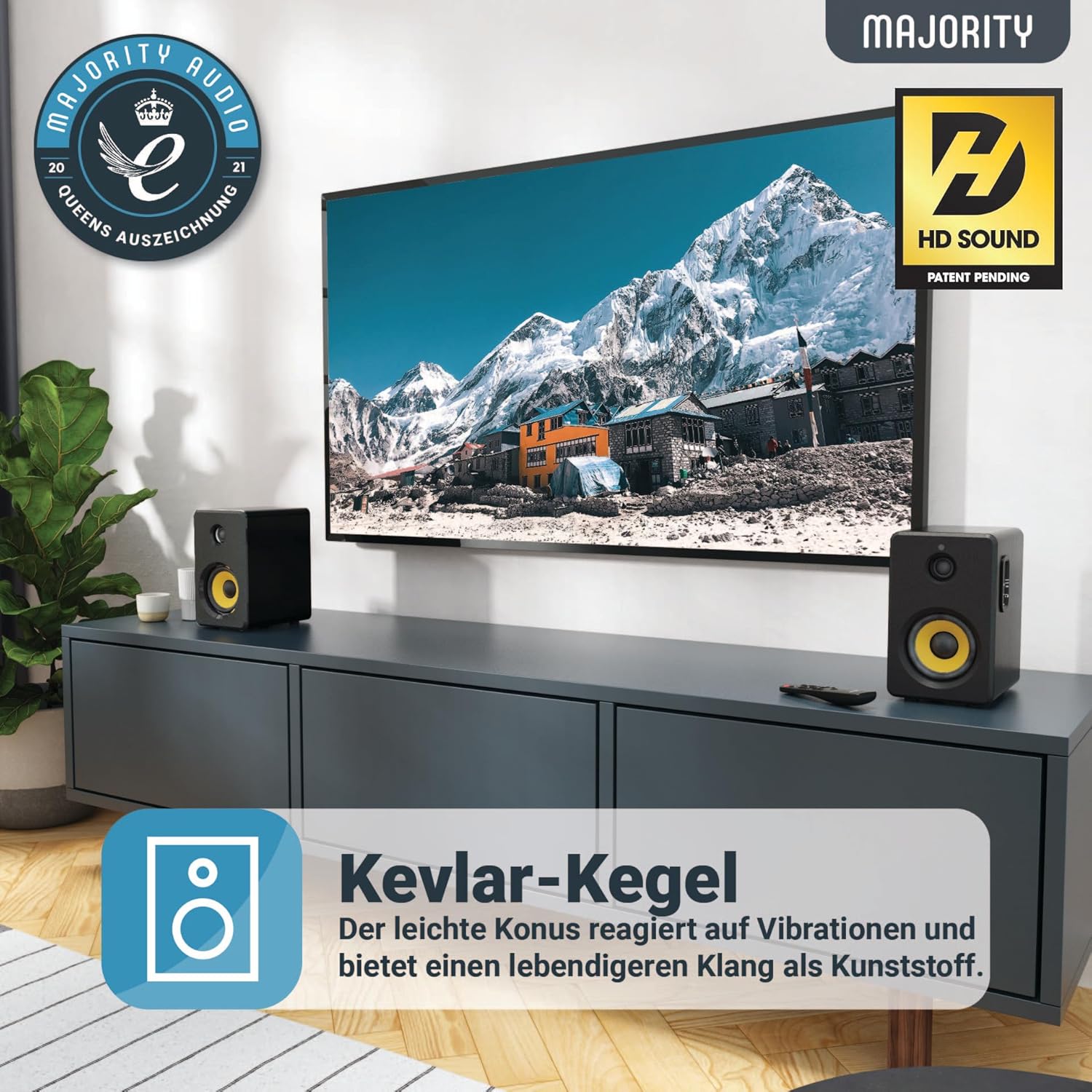 MAJORITY D40 Bluetooth Lautsprecher Boxen | 60W 2.0 Aktivlautsprecher | Studio Monitor mit 4-Treiber | Regallautsprecher für HiFi Stereo mit Optischer, RCA-, USB- und AUX-Eingang | Fernbedienung