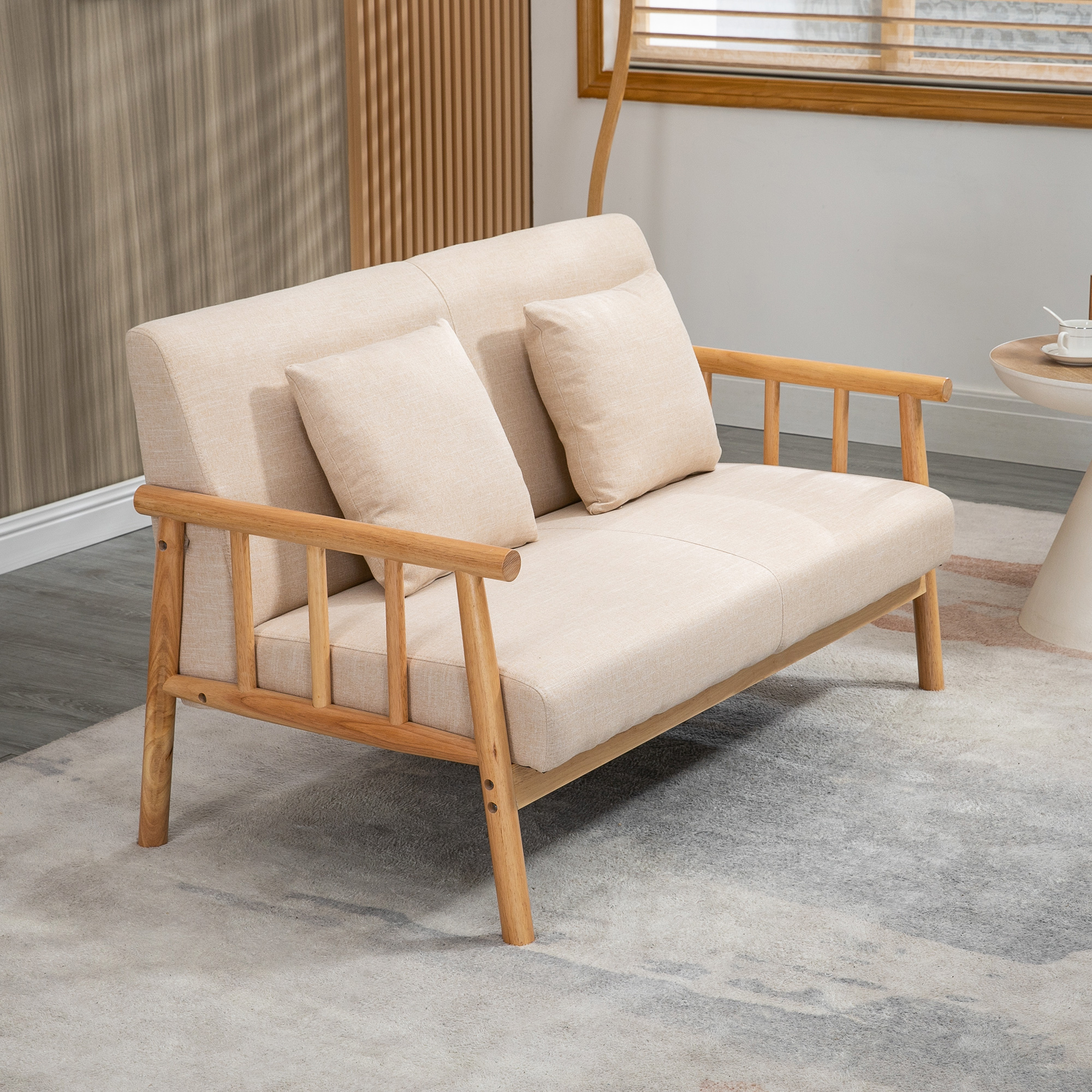 HOMCOM 2-Zitsbank, Stoffen Bekleding in Linnenlook, Compact, Tot 200 kg, Houten Frame, 123L x 69B x 74H cm, Beige