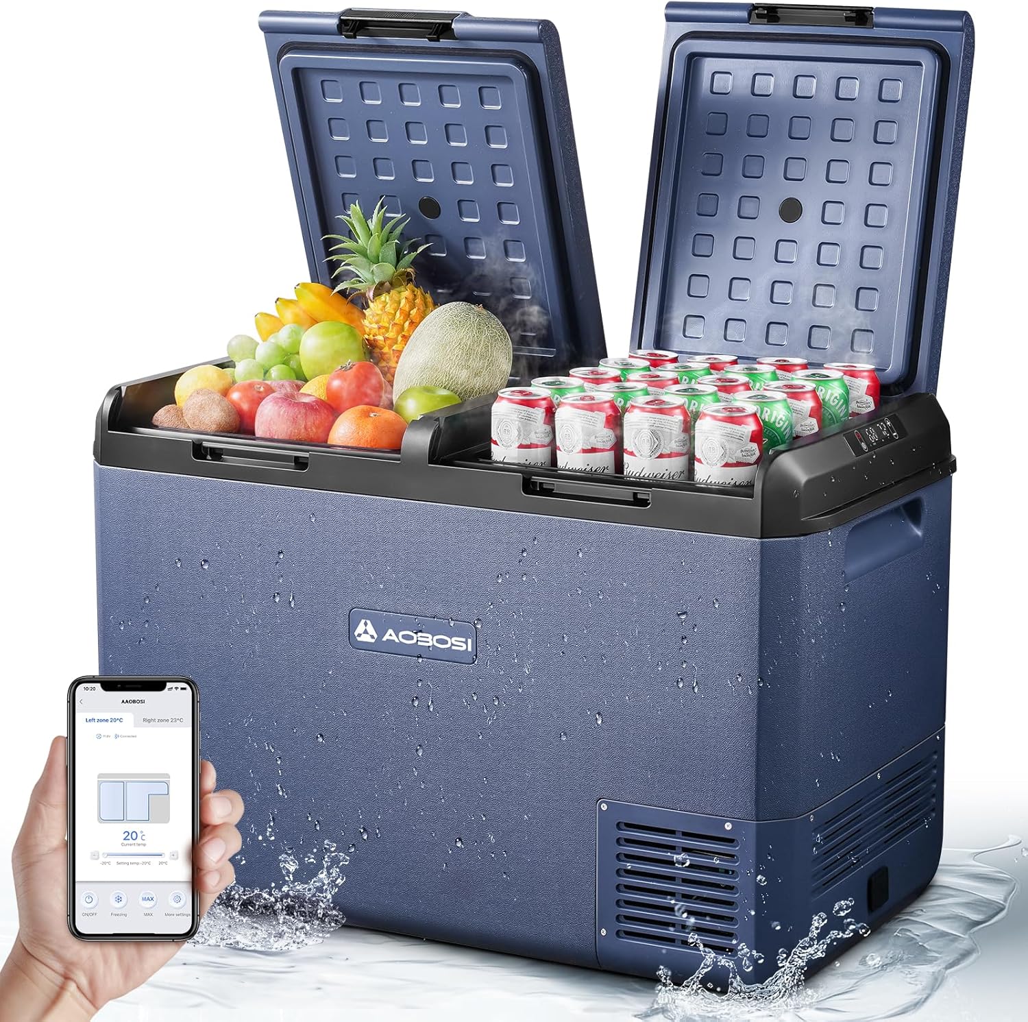 AAOBOSI Kompressor Kühlbox, 95L Kühlbox Kompressor Dual Zone mit APP Steuerung, IPX4 Wasserdicht, kühlbox 12V 230V, -20°C bis 20°C – Ideal für Auto, LKW, Boot, Camping, Fischen & Outdoor-Aktivitäten