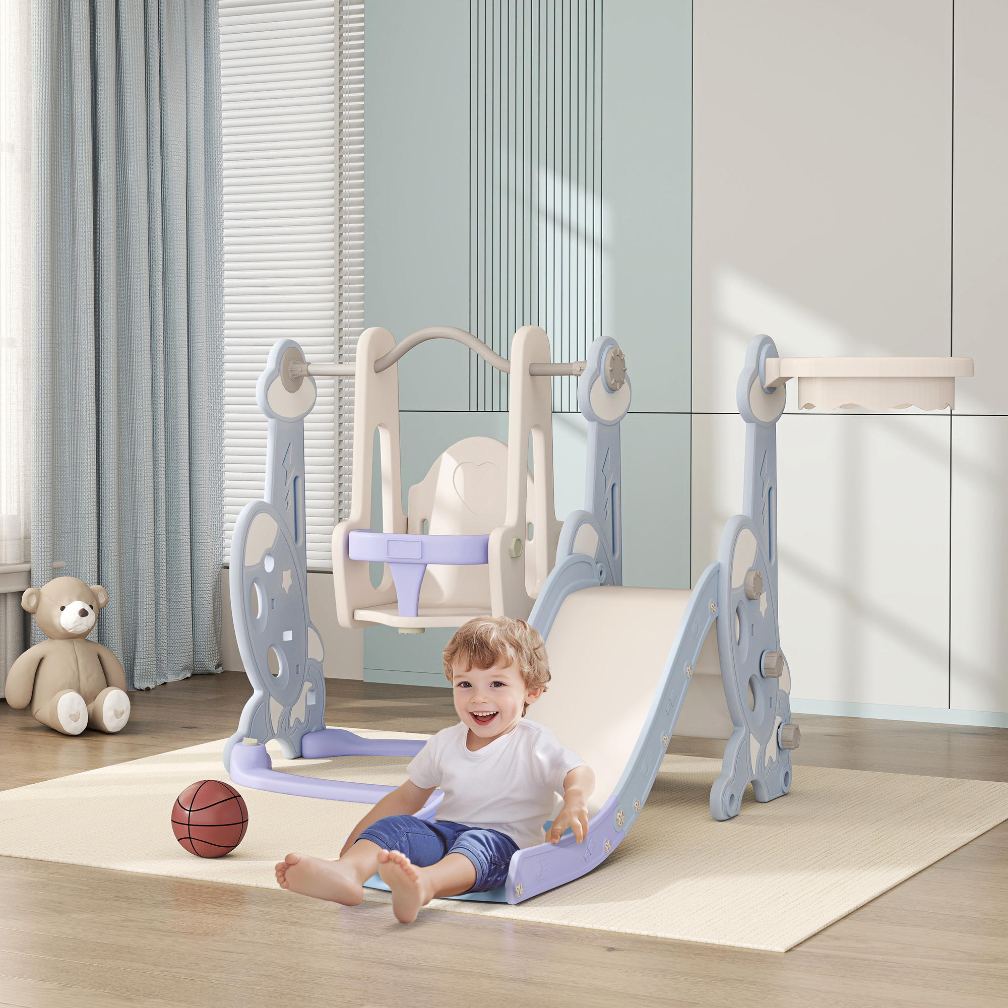 AIYAPLAY 4-in-1 Binnenspeelplaats, Glij- en Schommelset voor Peuters, Basketbalring, Raketontwerp, Kunststof, Lichtblauw