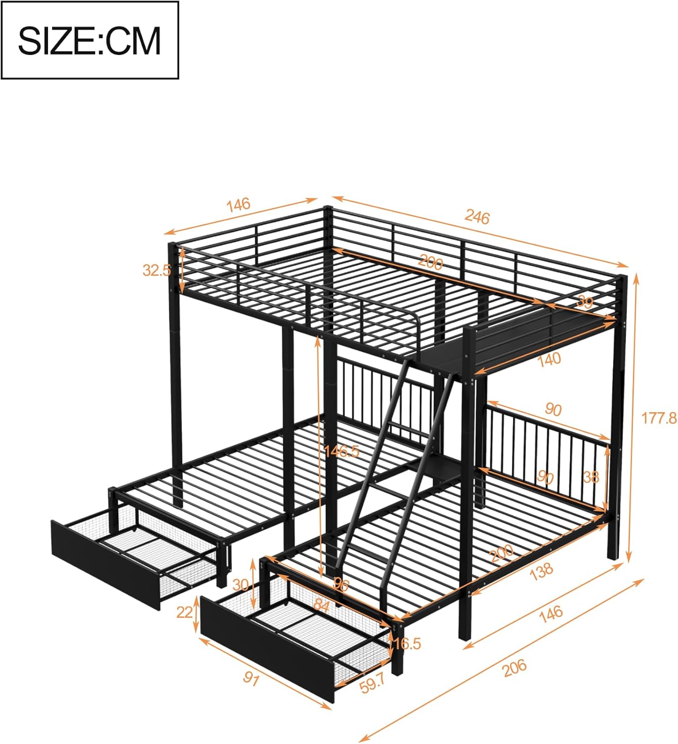 Dreifaches Etagenbett mit Schubladen, Metallbettrahmen, umwandelbar in 140 x 200 Doppelbett und Zwei 90 x 200 Einzelbetten, multifunktionales Metallrahmenbett, Schwarz