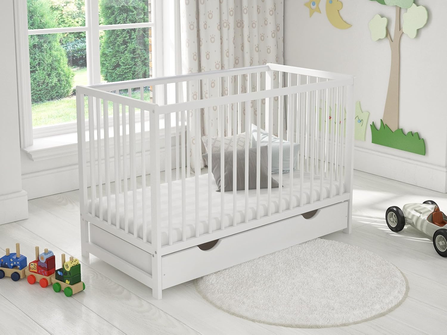 Love For Sleep Babybett Beistellbett 120x60cm mit Sicherheitsbarriere Umwandelbar und Matratze Weiß Denise Kinderbett Baby Bett Holz - Kinderbett Babybett, Mitwachsend Gitterbett Baby Bed