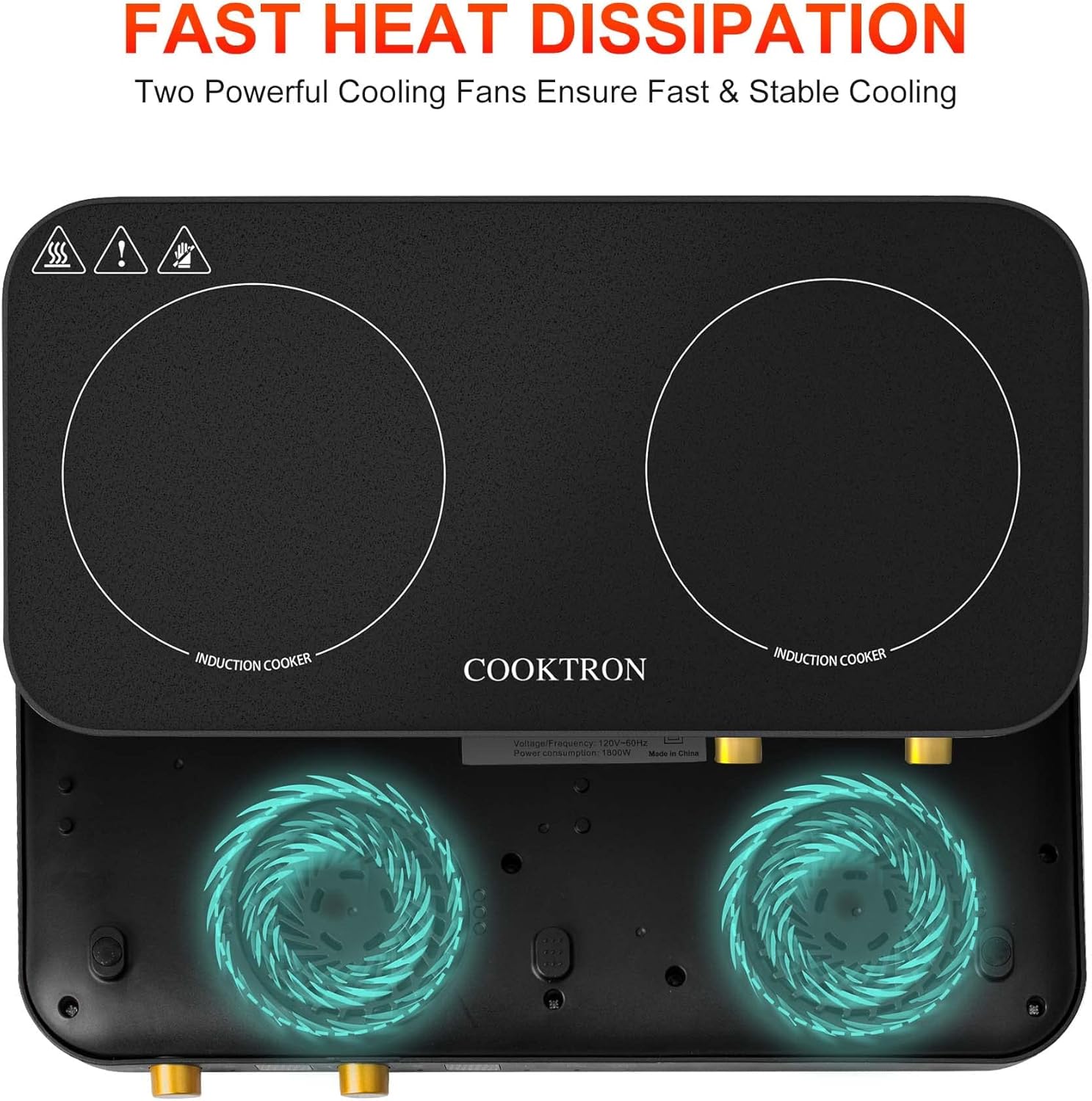 COOKTRON Portable Induktionskochfeld 2 Brenner mit abnehmbarem Eisen Guss Grillpfanne Antihaft, 2800W Doppelinduktionskochfeld mit Kindersicherung Zeit, ideal für Familienfeier