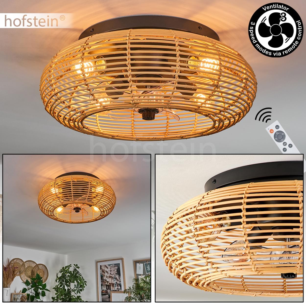 HOFSTEIN Deckenventilator Mulstrand, Ventilator aus Metall/Bambus in Schwarz/Natur mit Fernbedienung, Auf-/Abwind-Funktion u. Lichteffekt an der Decke, Deckenleuchte 4-flammig Ø 50cm, 4x E27, 3 Stufen