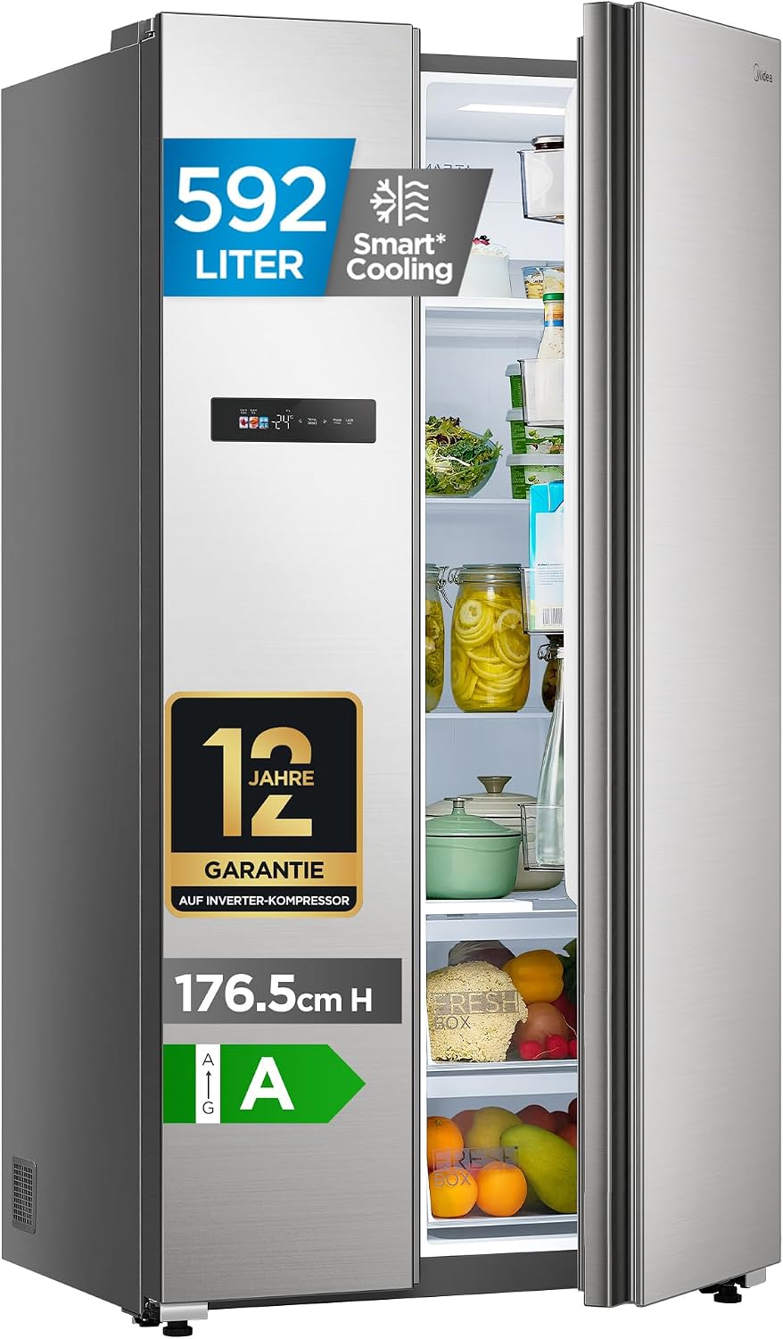 Midea Side-by-Side Kühl-Gefrierkombination 592 L | No Frost, Inverter Kompressor, leise 35 dB | 179,3 cm hoch, Multi-Air-Flow, SuperCool & Freeze | Platinum Fresh | Blau-Stahl, MDRS791MYA46