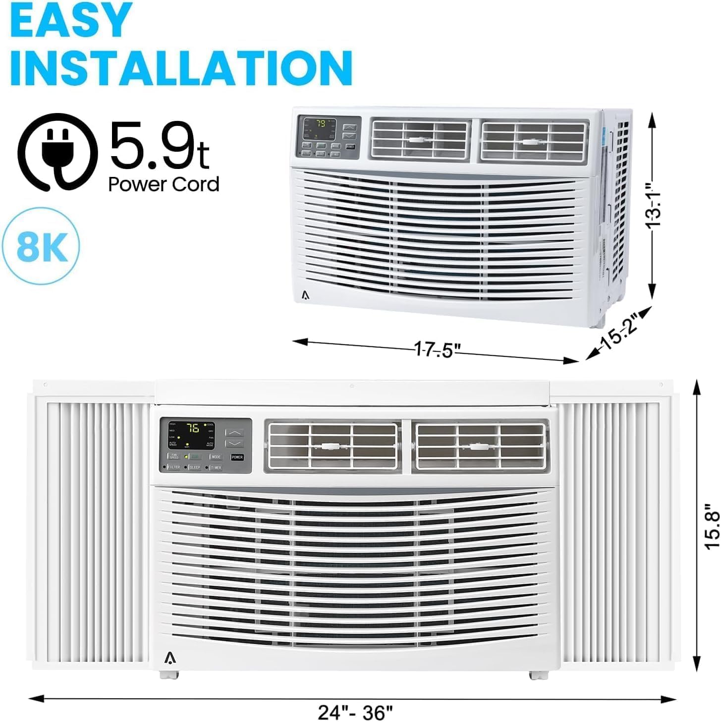 Fenster-Klimaanlage 8000 BTU, 115 V Wechselstrom-Einheit, kühlt bis zu 350 Quadratfuß, energiesparend mit Fernbedienung und App und Timer, perfekt für Schlafzimmer