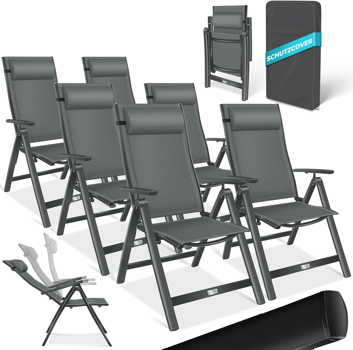 KESSER® Gartenstuhl Hochlehner mit Armlehnen 6er Set Aluminium Klappstuhl mit Kopfkissen & Abdeckung Campingstuhl 7-Fach Verstellbar Rückenlehne Atmungsaktiv Wetterfest Klappbar Anti-Rutsch, Anthrazit