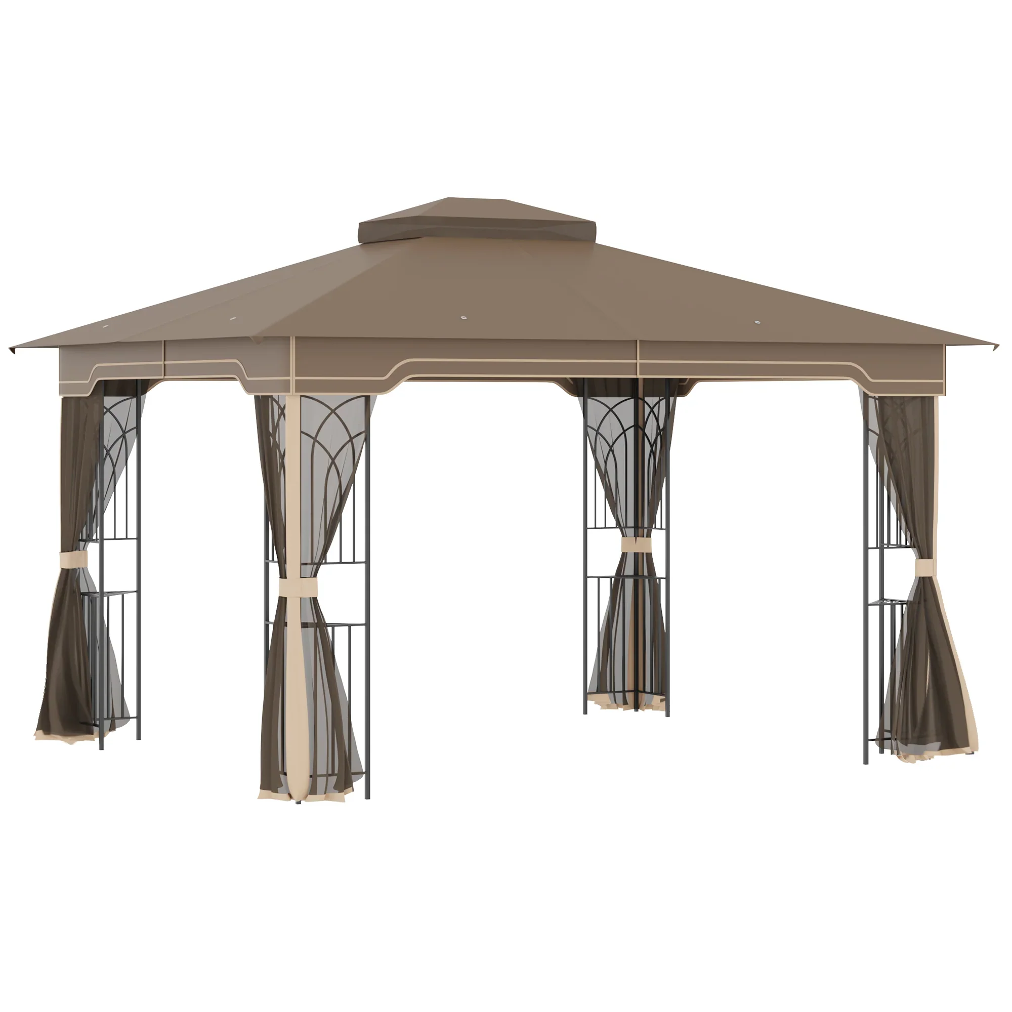 Outsunny Tuinpaviljoen 3,65 x 3 m met dubbel dak & muskietennet �C Bruin/Beige