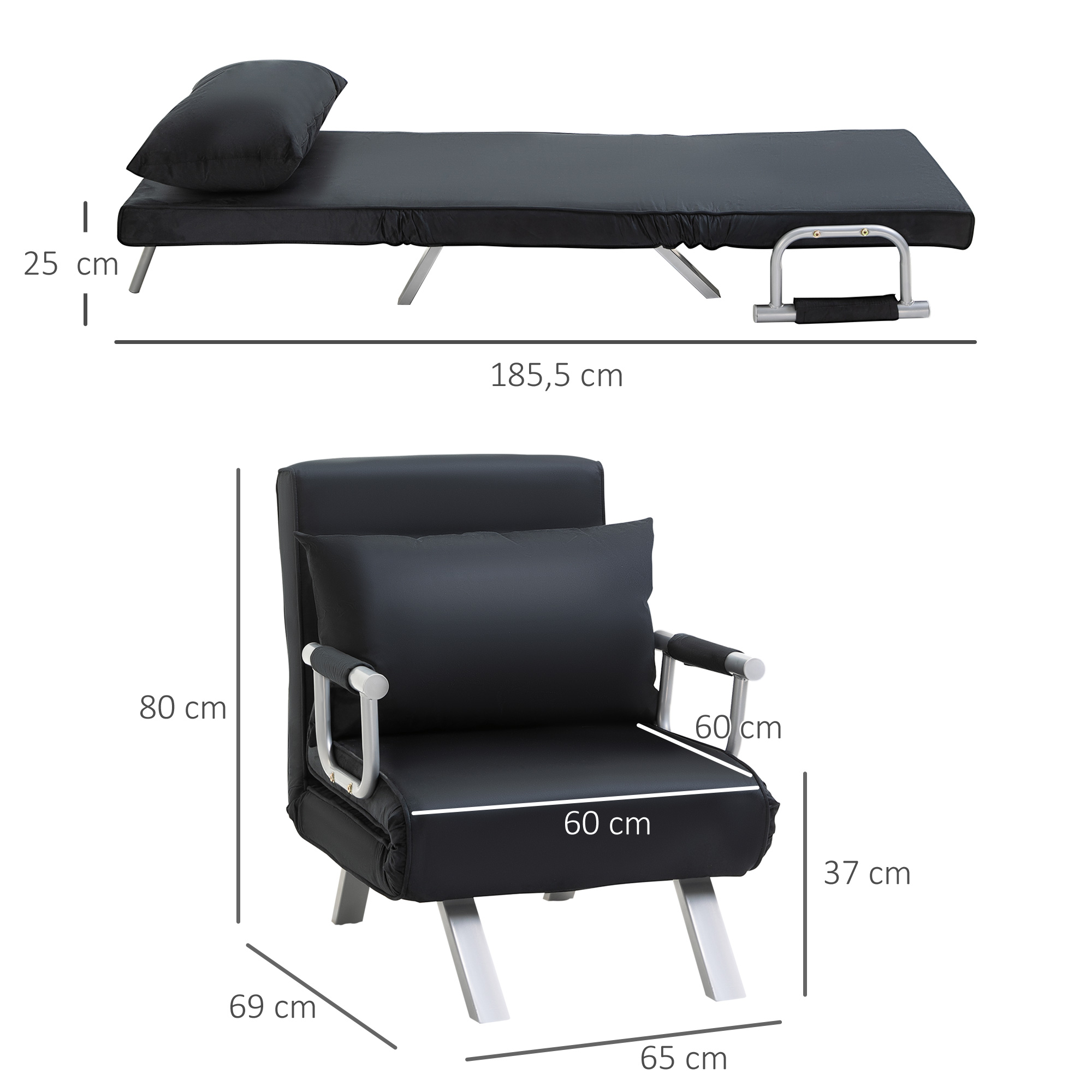 3-in-1 slaapbank, logeerbed, fauteuil inclusief kussens, zwart