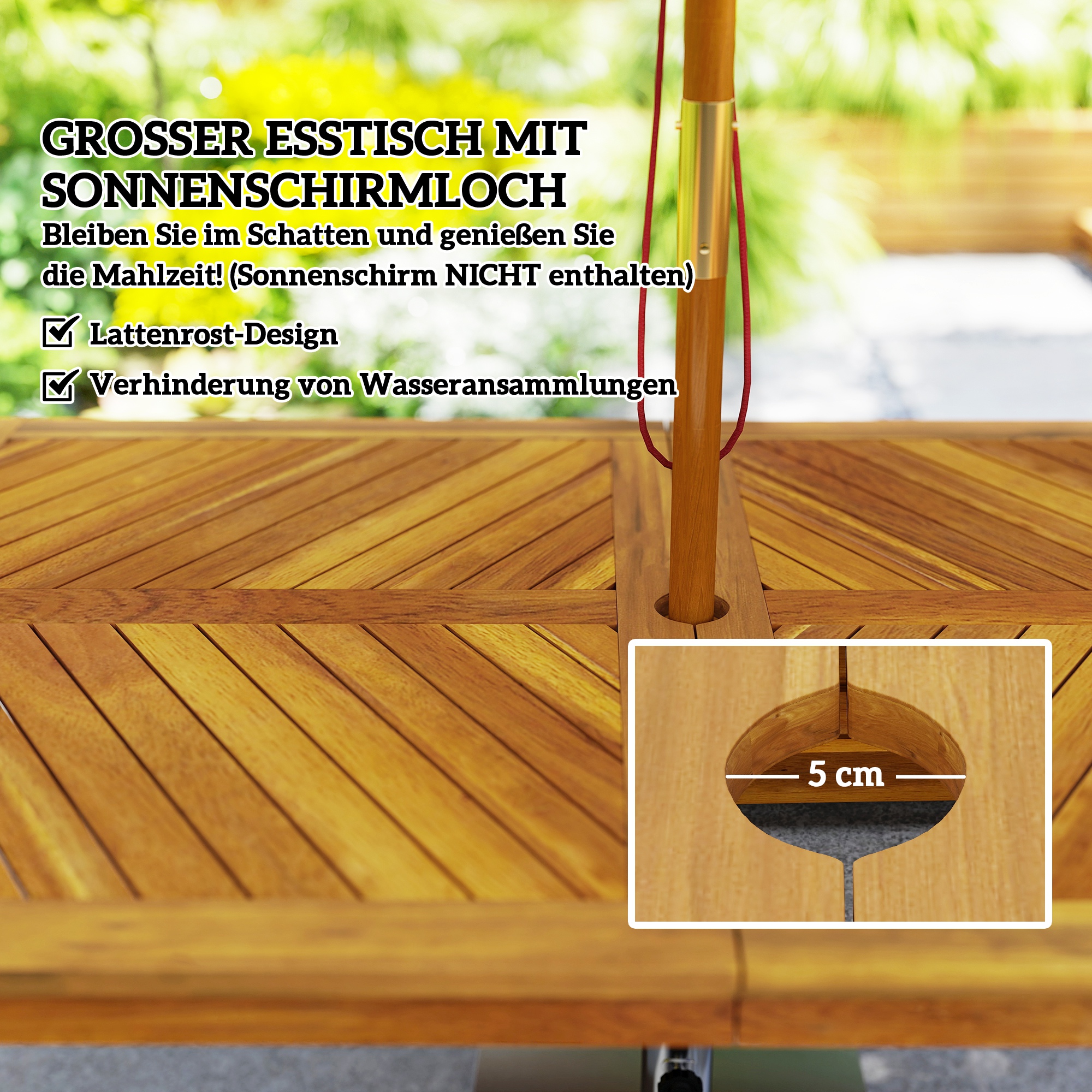 3-delig Tuinmeubelset, Zitgroep incl. 1 Eettafel met Parasolgat, 2 Banken 150 x 85 x 75 cm Teak