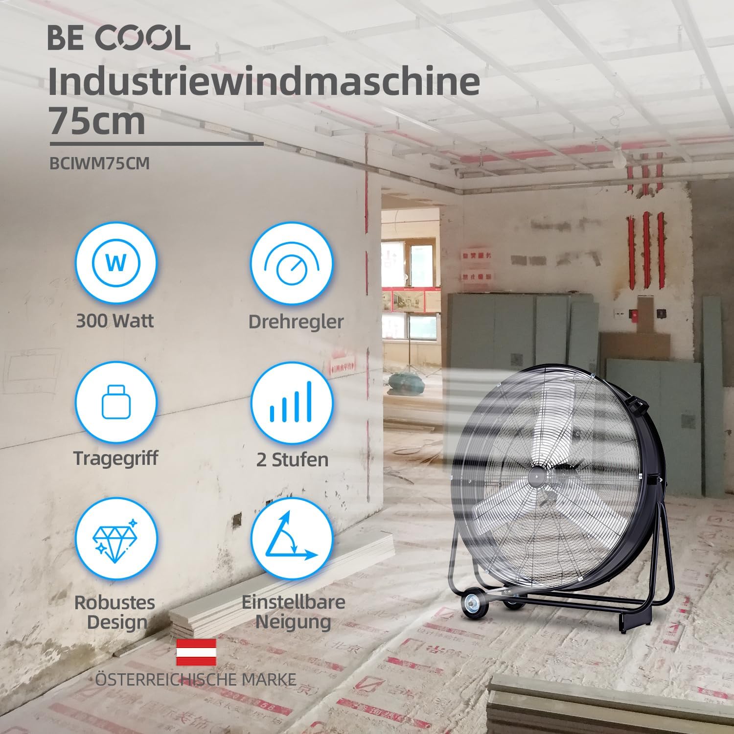 Be Cool Industrie-Windmaschine 75cm BCIWM75CM – Fahrbarer Trommelventilator, Ø 75 cm (30