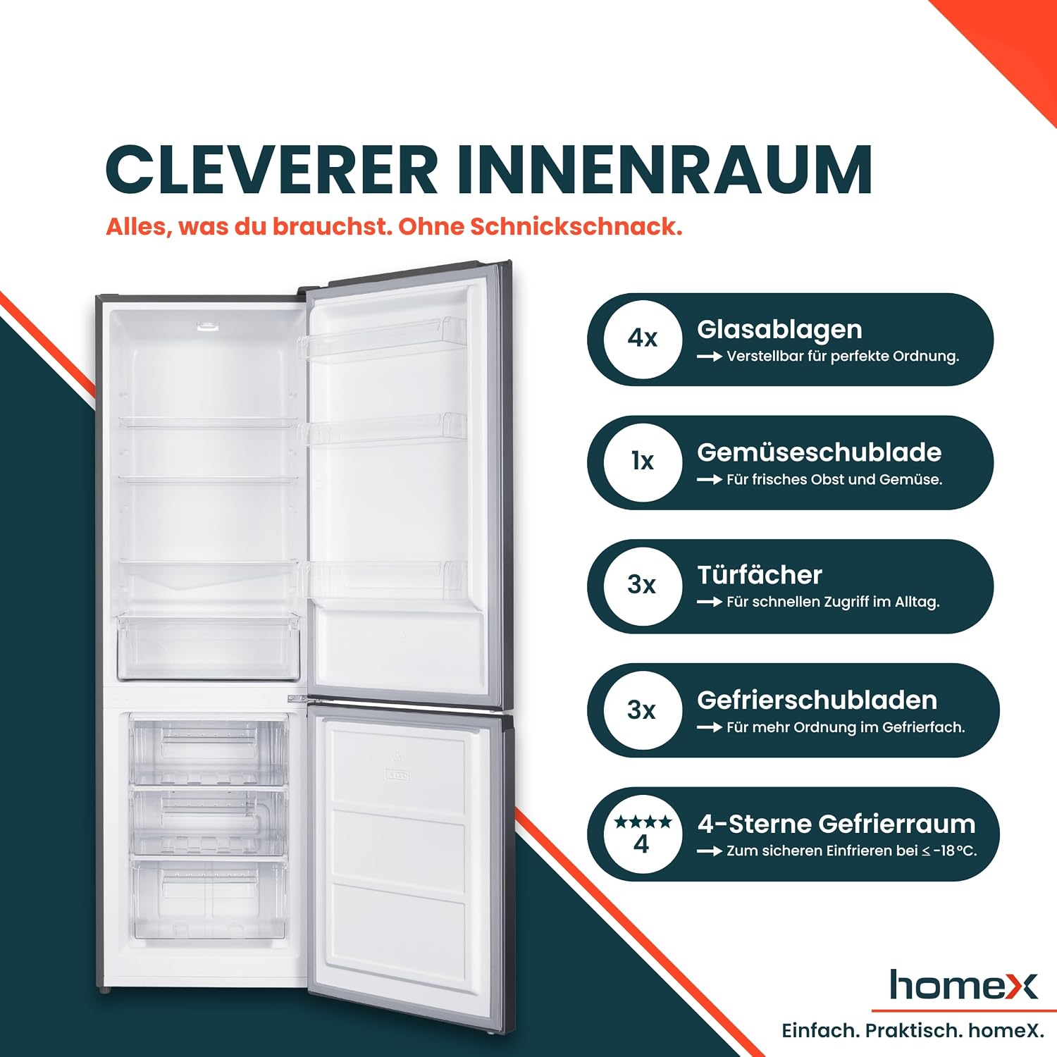 homeX Kühlschrank mit Gefrierfach, Kühl-Gefrier-Kombination freistehend, groß - 315 Liter, 4-Sterne Gefrieren, Super-Frost-Funktion, leise, EEK C, XXL Kühl Gefrierkombination silber, CFS3151C-S