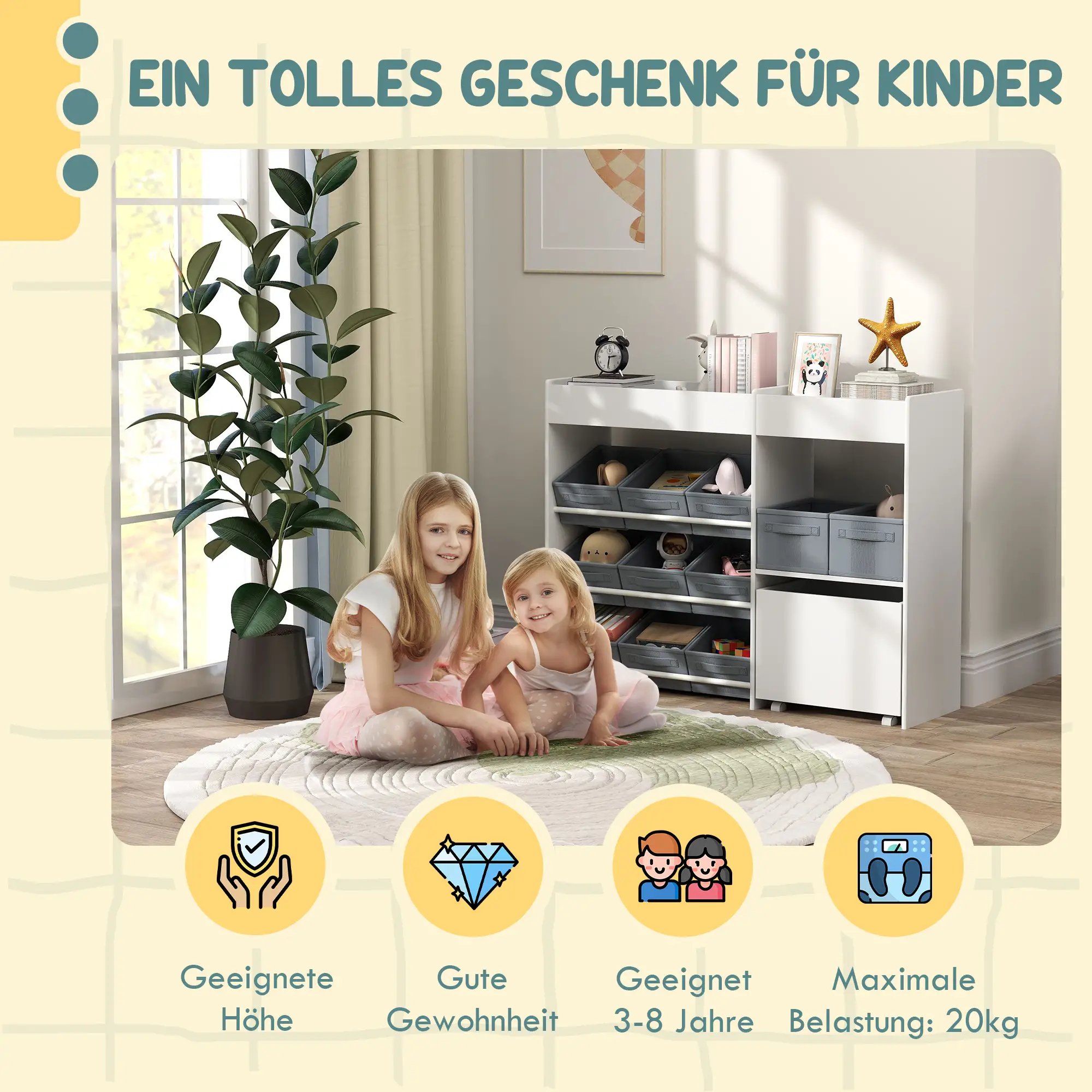 AIYAPLAY Kinderrek met 11 stoffen opbergboxen & kastvak, Wit